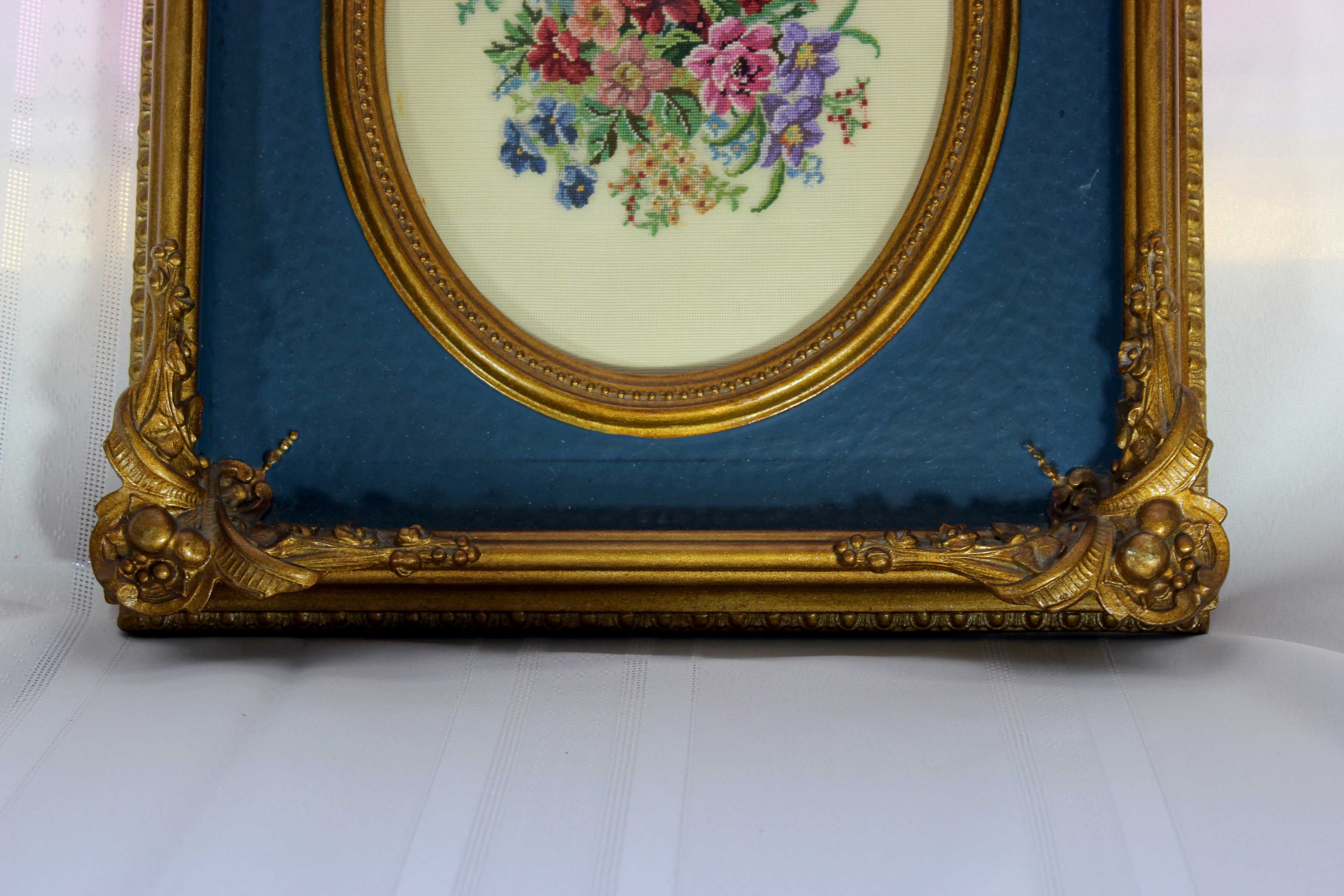 Floral Petit point in Antique Carved Wood Frame