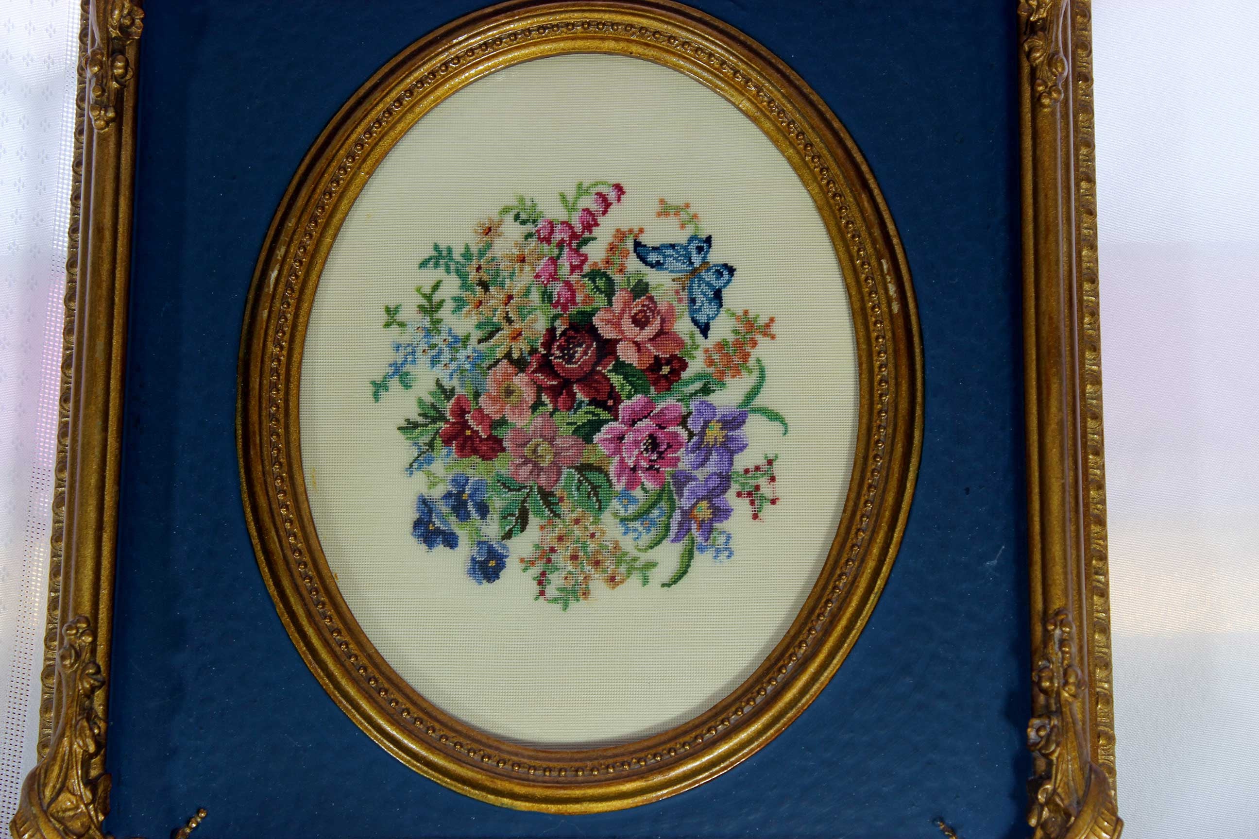 Floral Petit point in Antique Carved Wood Frame
