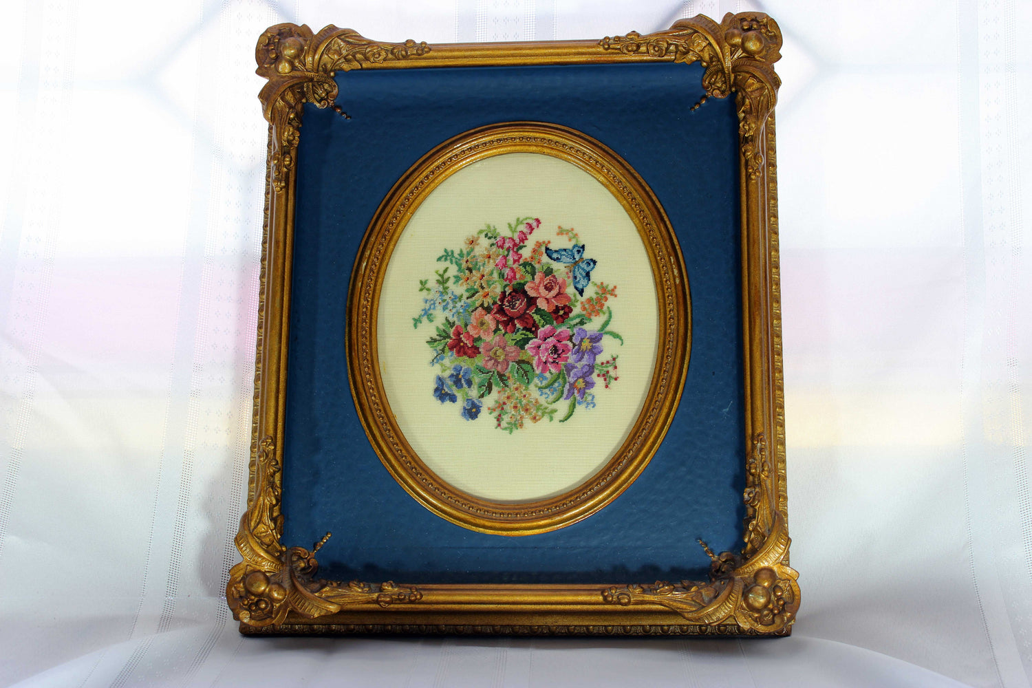 Floral Petit point in Antique Carved Wood Frame