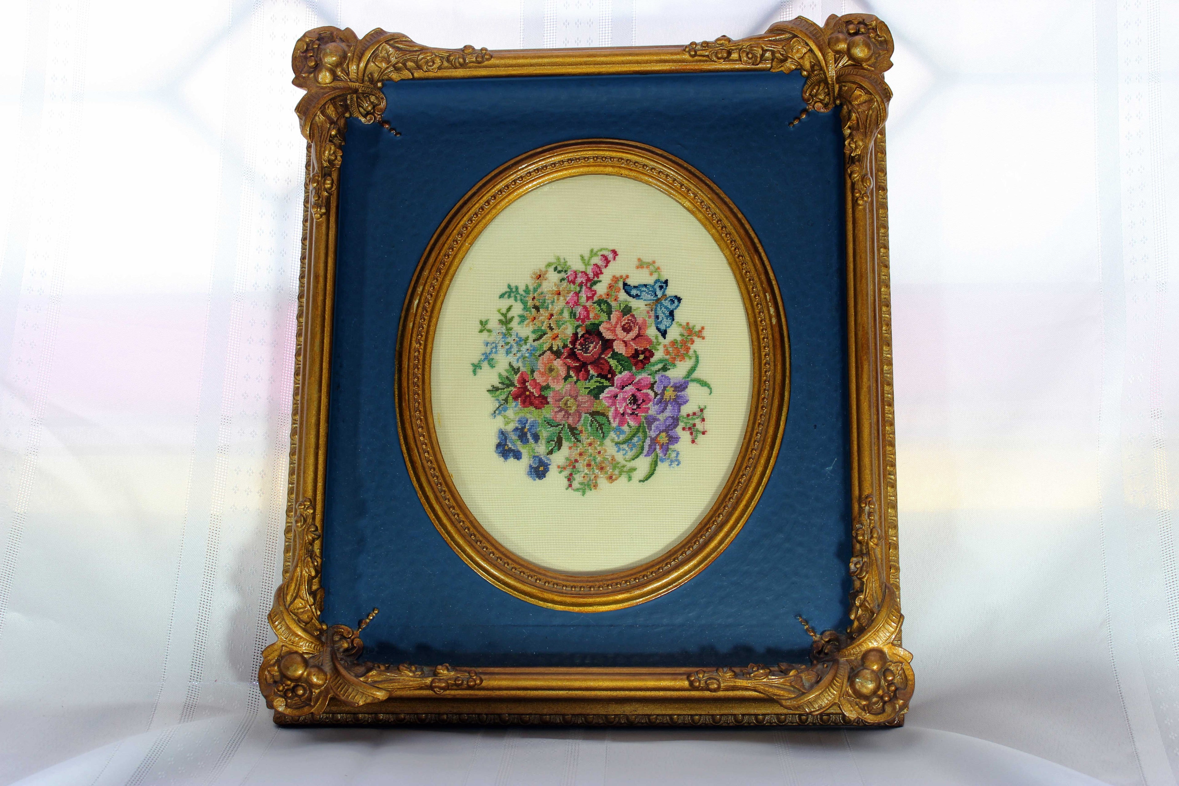 Floral Petit point in Antique Carved Wood Frame