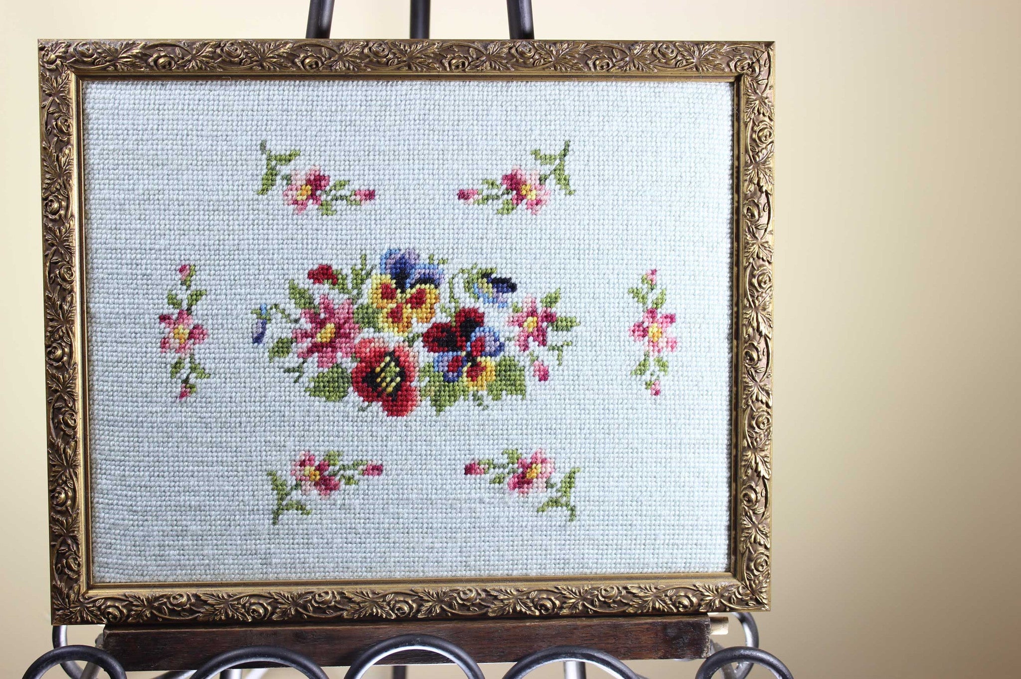 Vintage Hand Made Needlepoint Floral Framed