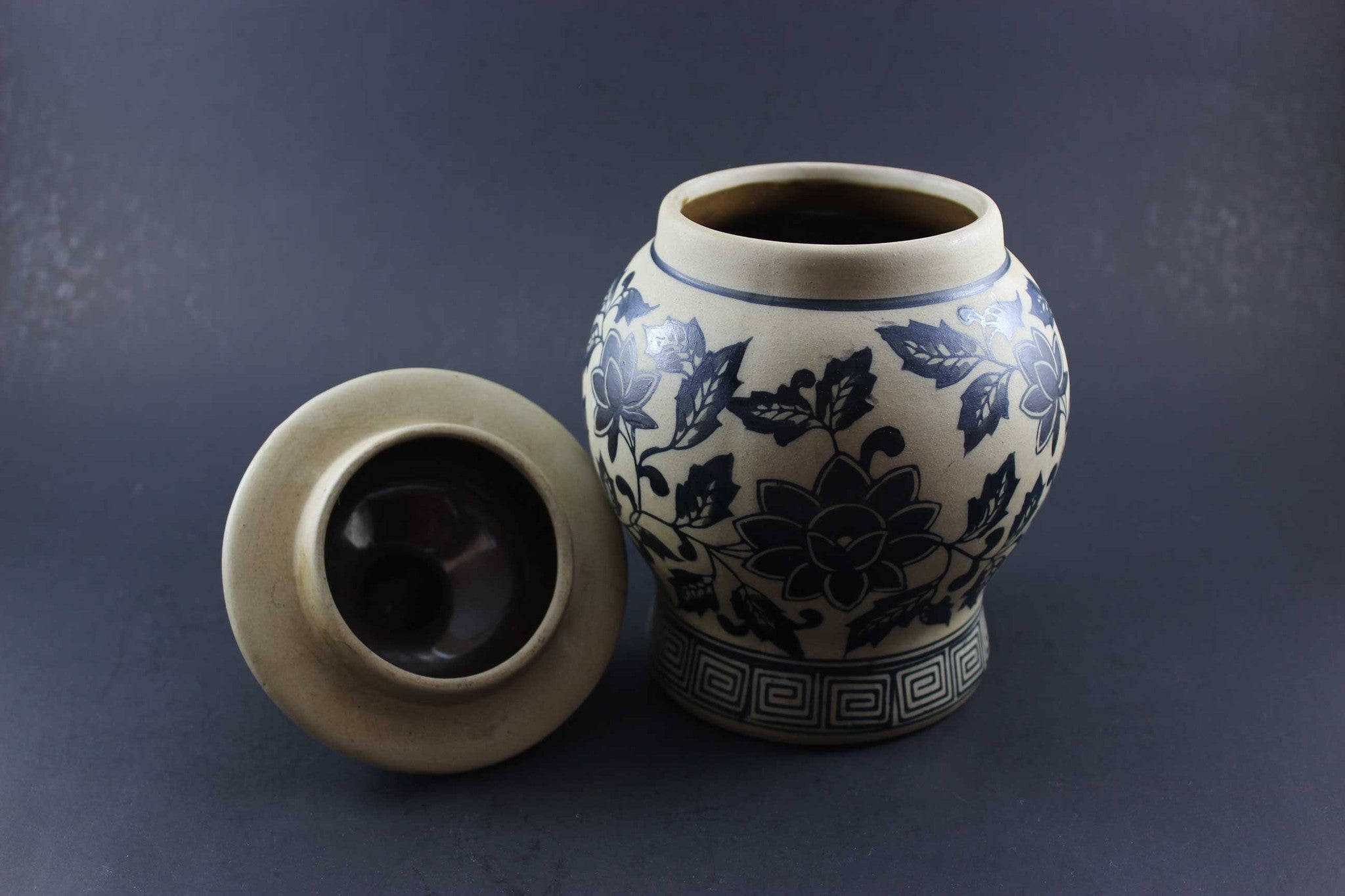 Blue and Grey Hand Painted Pottery Urn