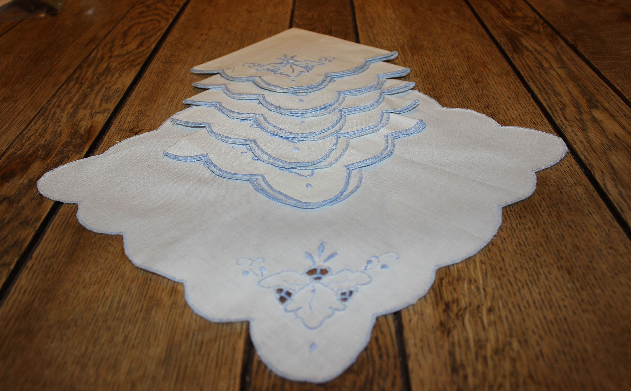 Blue Embroidered Linen Luncheon Napkins