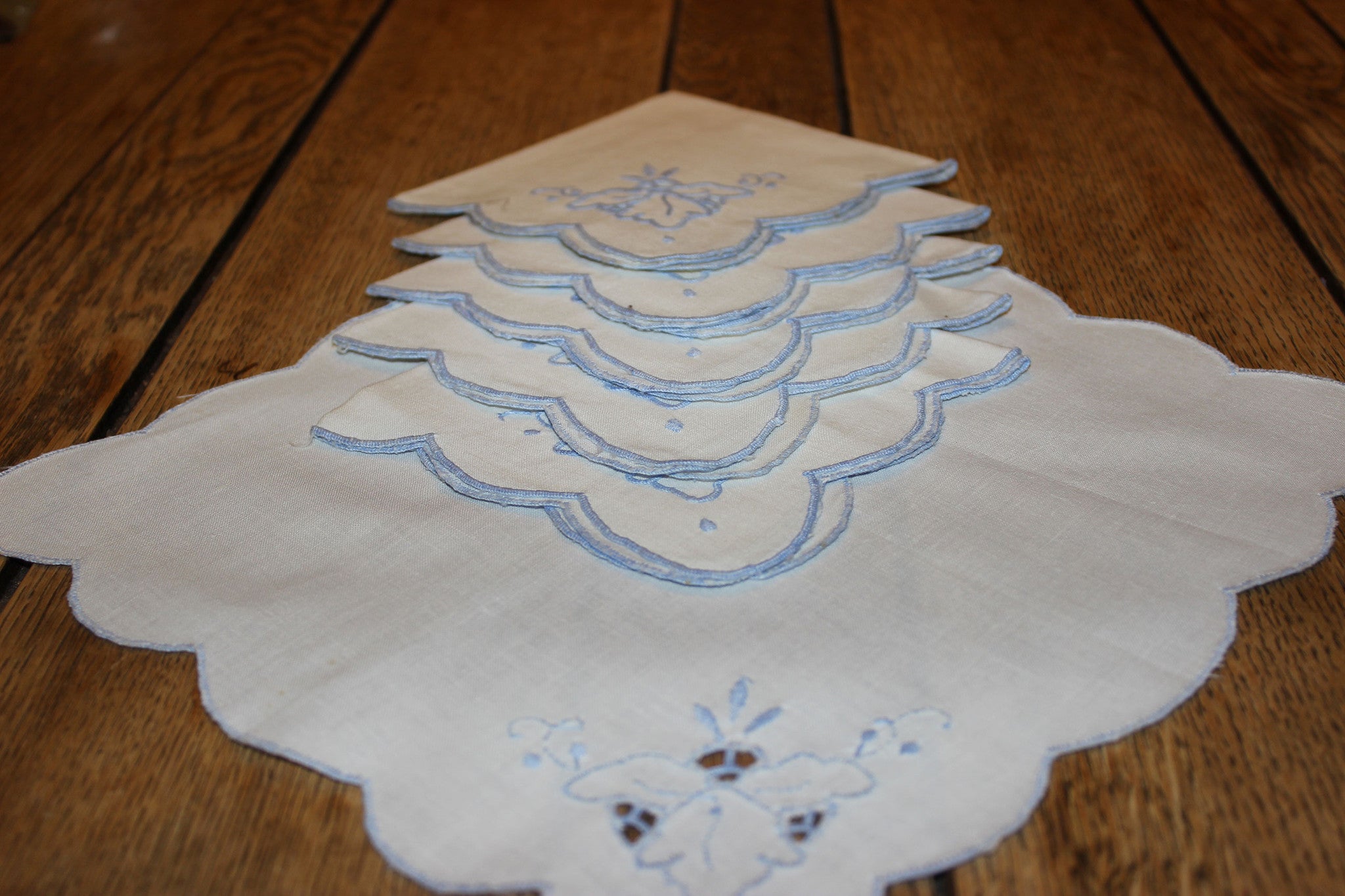 Blue Embroidered Linen Luncheon Napkins