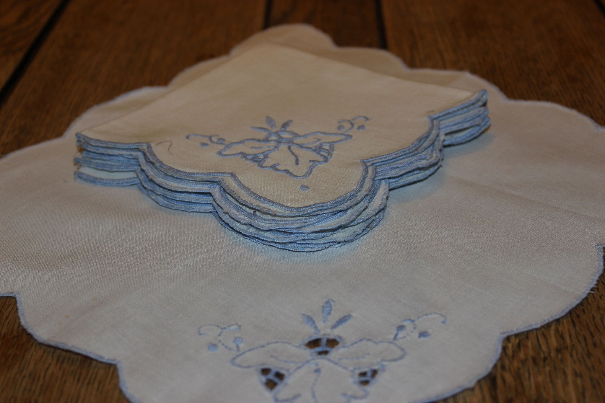 Blue Embroidered Linen Luncheon Napkins