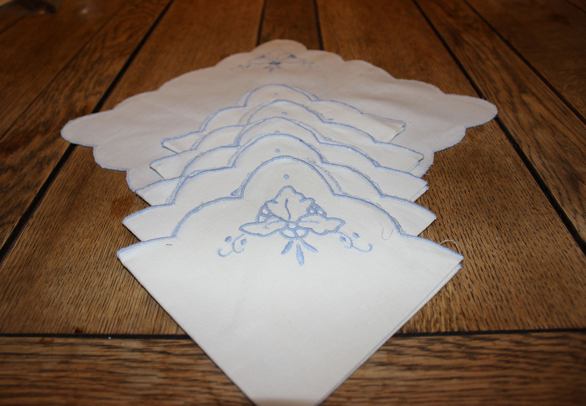 Blue Embroidered Linen Luncheon Napkins