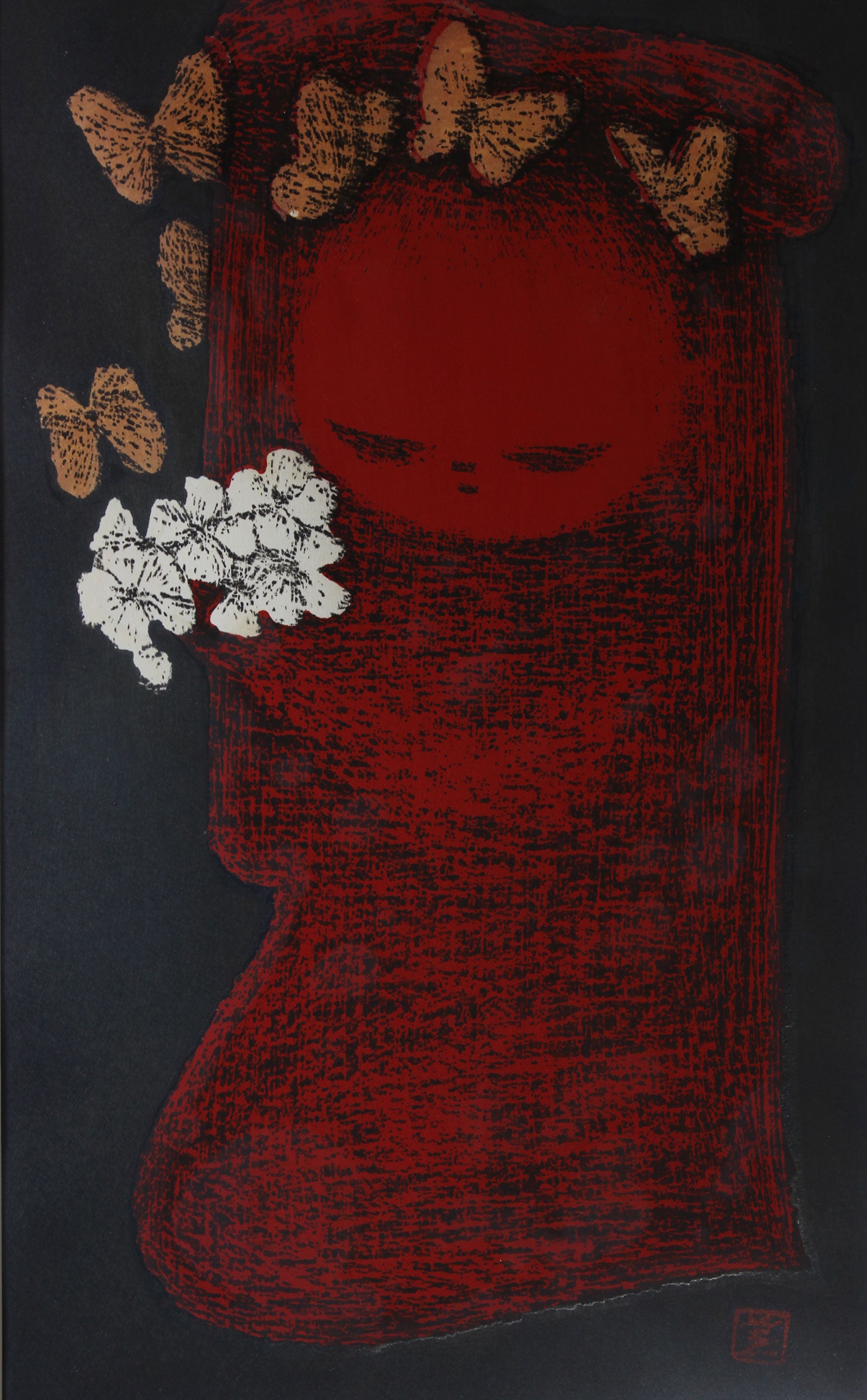 Kaoru Kawano, Woodblock Print, Girl with Flowers and Butterflies