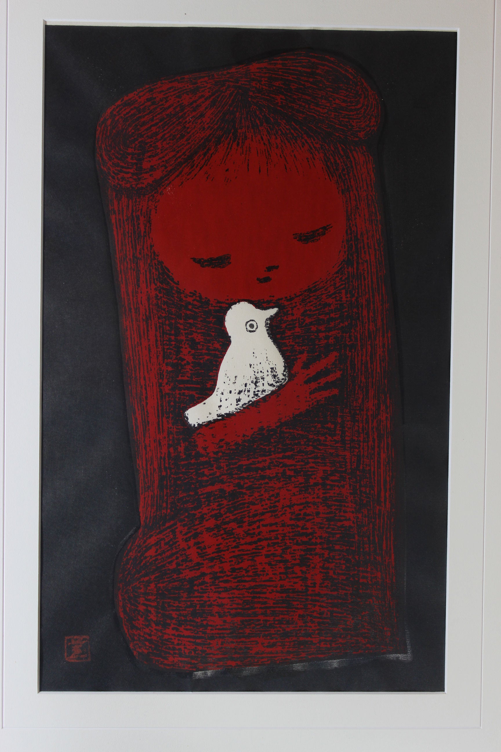 Kaoru Kawano, Woodblock Print, Child and Bird