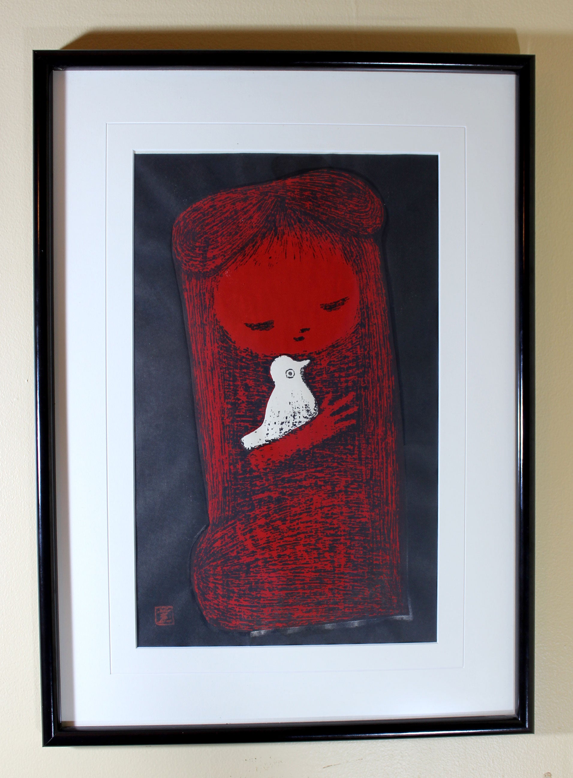 Kaoru Kawano, Woodblock Print, Child and Bird