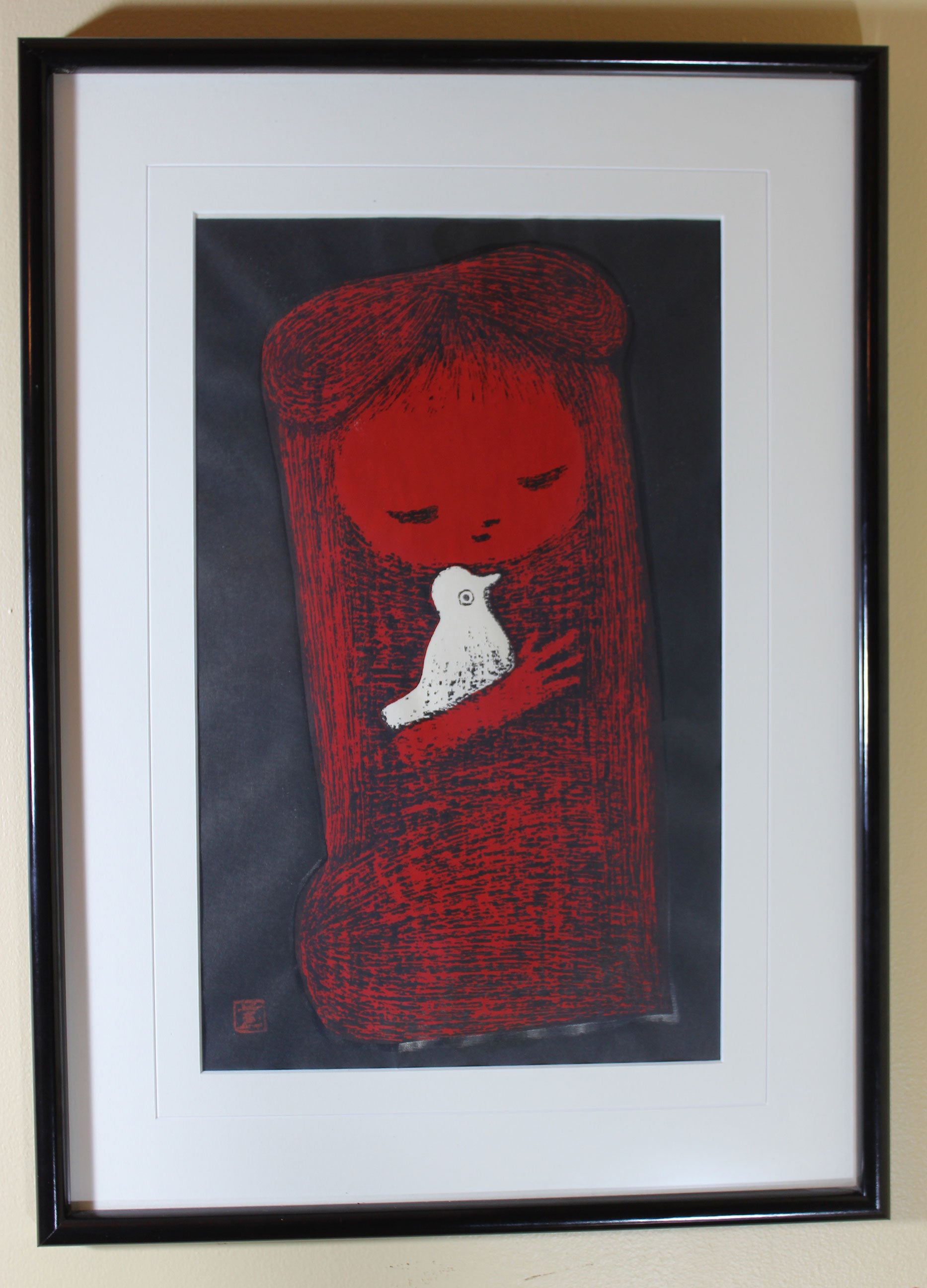 Kaoru Kawano, Woodblock Print, Child and Bird