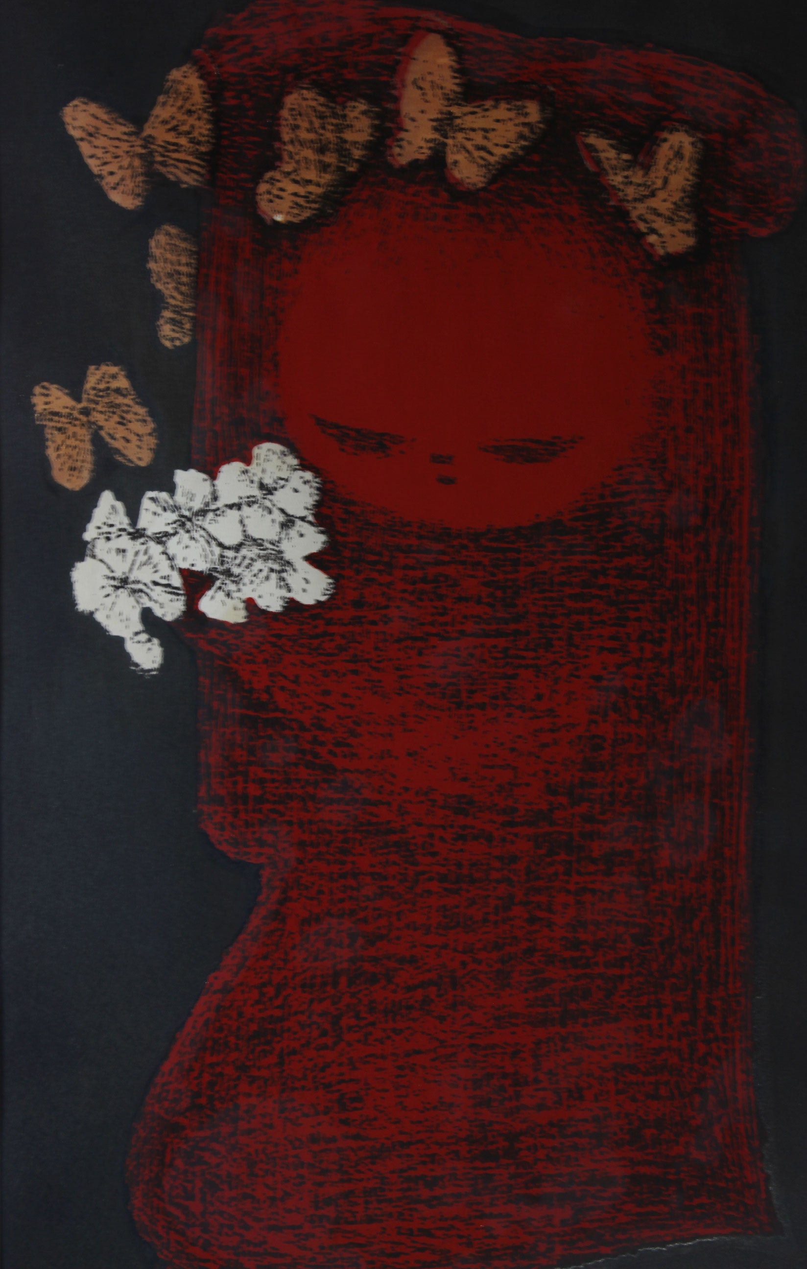 Kaoru Kawano, Woodblock Print, Girl with Flowers and Butterflies