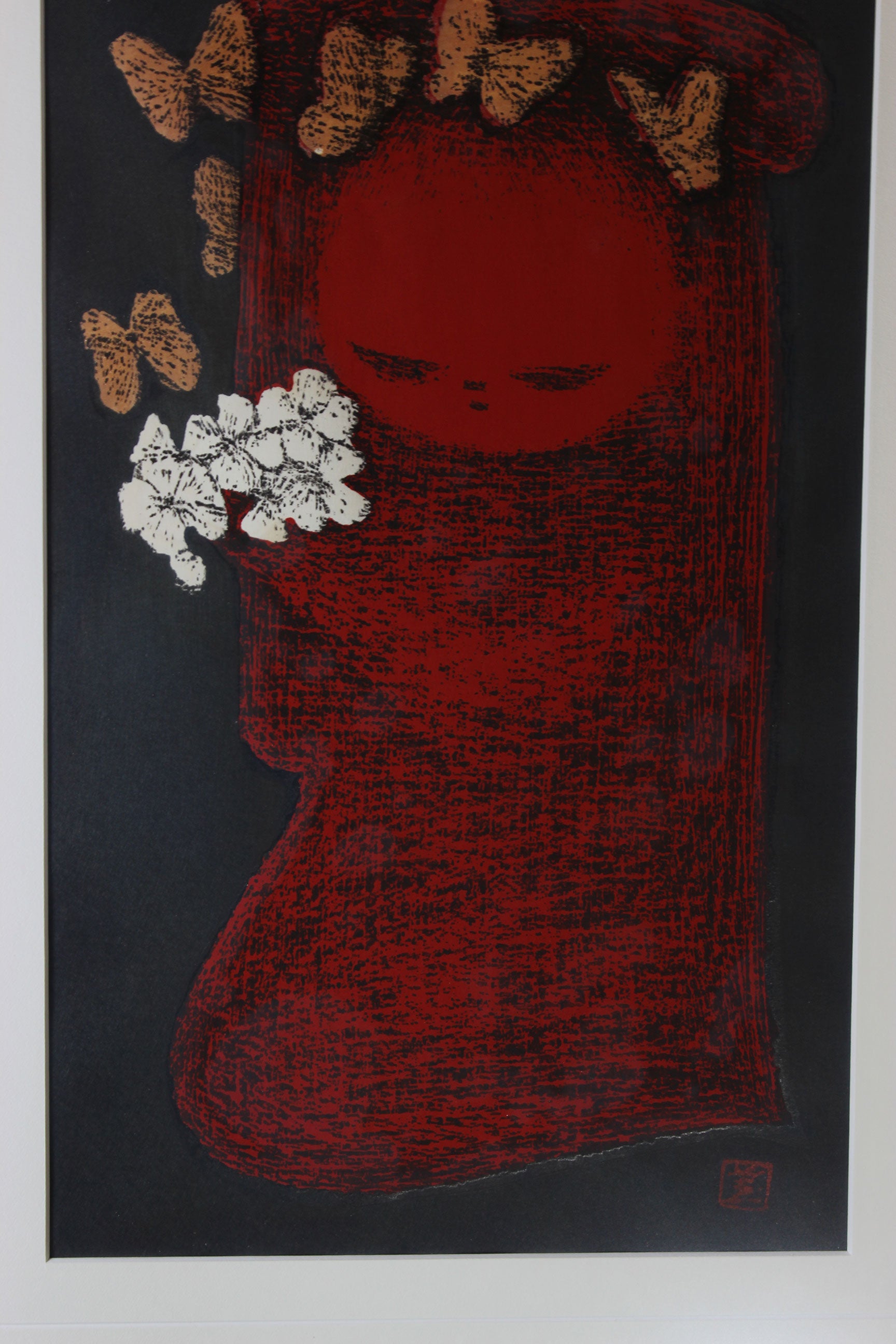 Kaoru Kawano, Woodblock Print, Girl with Flowers and Butterflies