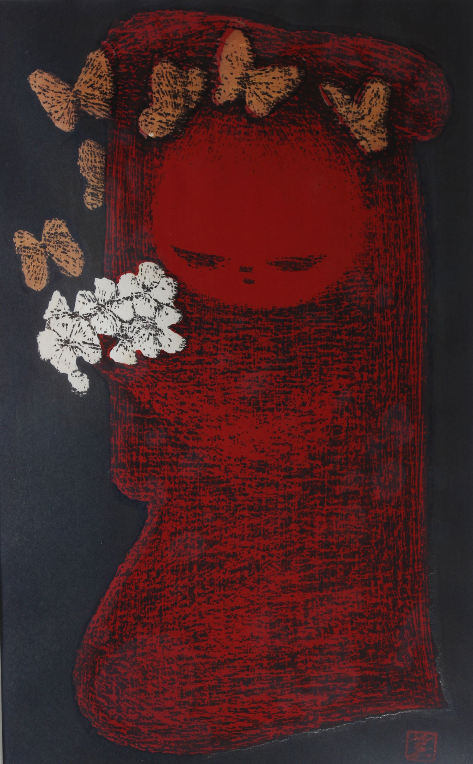 Kaoru Kawano, Woodblock Print, Girl with Flowers and Butterflies