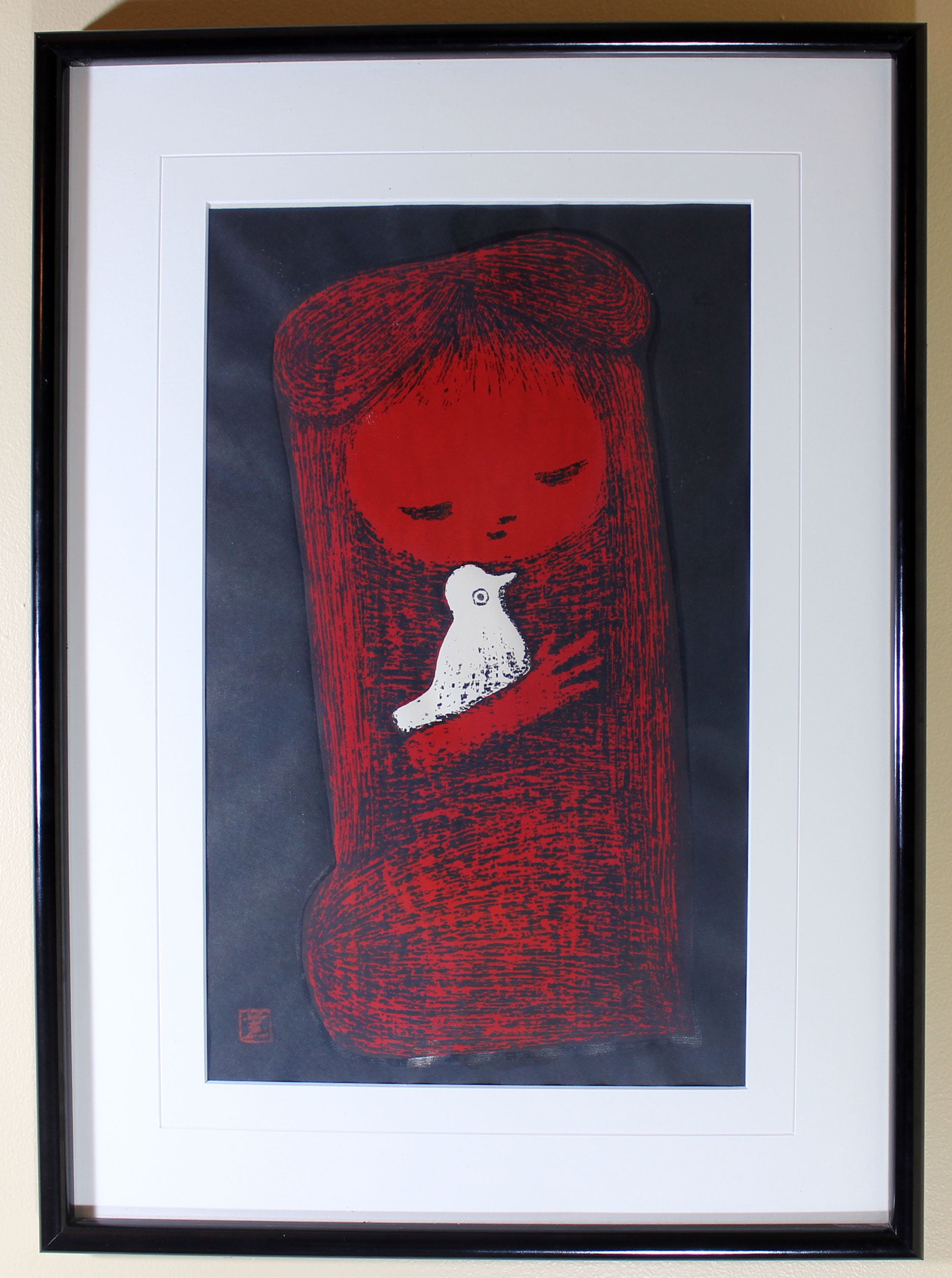 Kaoru Kawano, Woodblock Print, Child and Bird