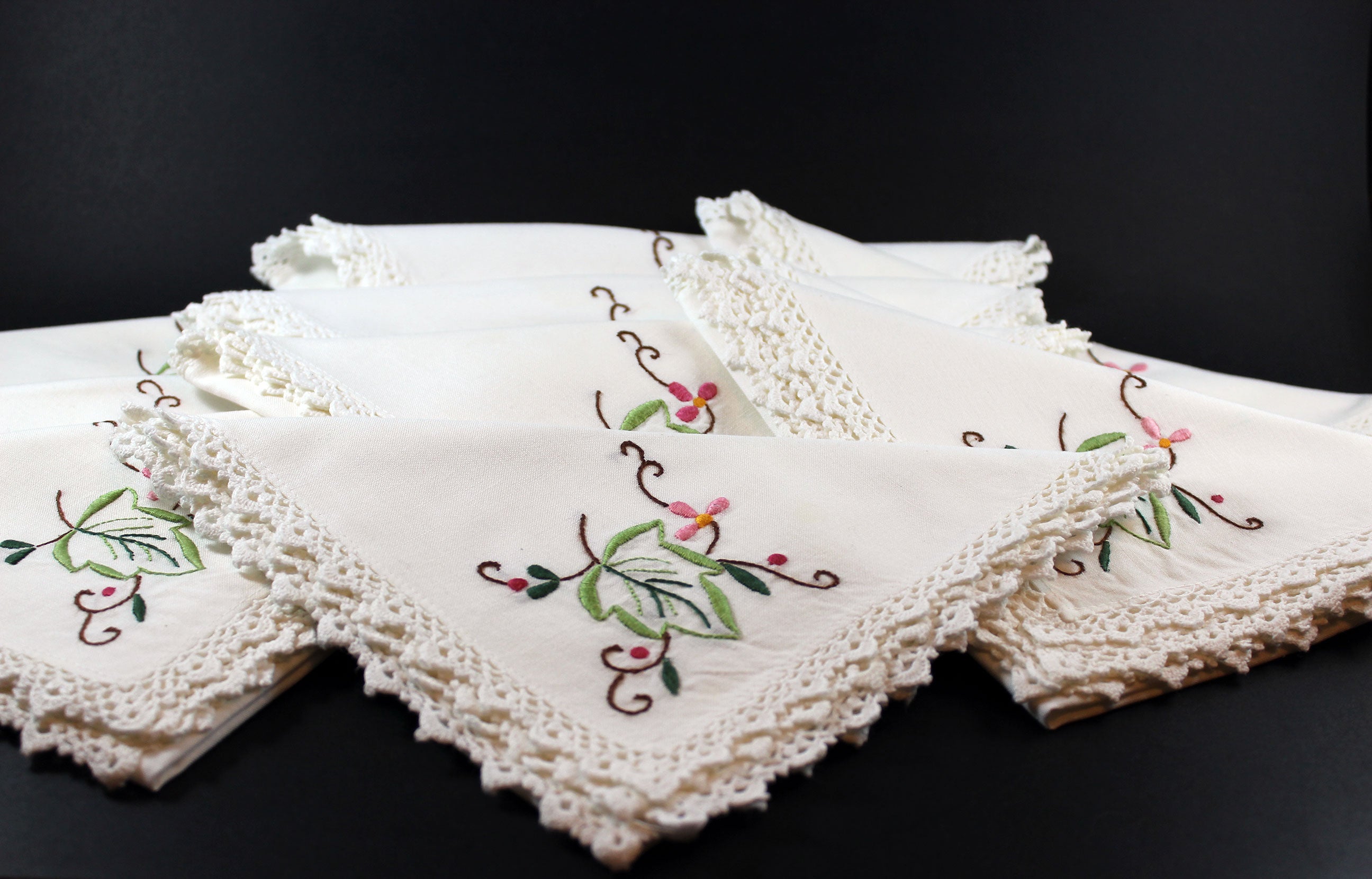 Lace Edged Linen Embroidered Napkins