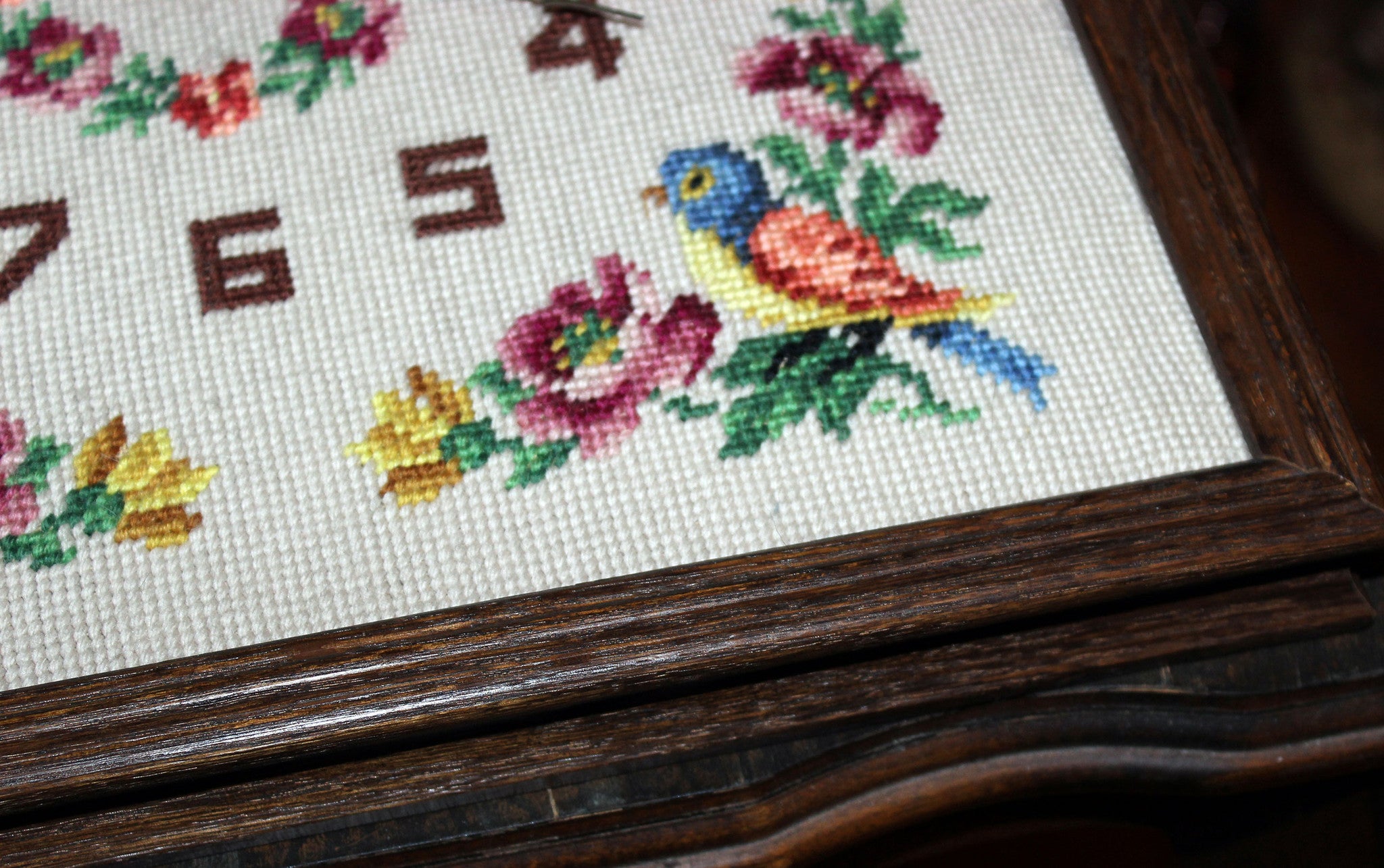 Vintage Needlepoint Floral Clock with Oak Frame
