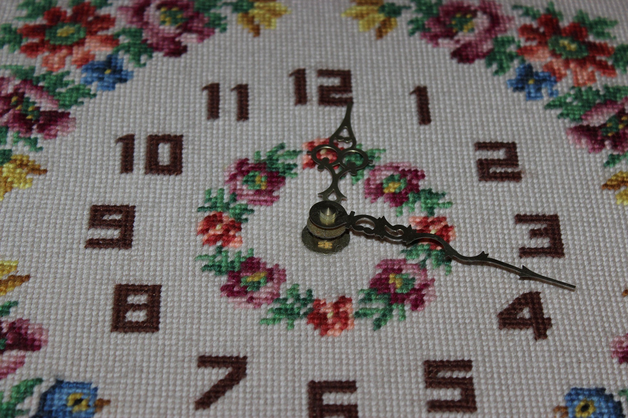 Vintage Needlepoint Floral Clock with Oak Frame