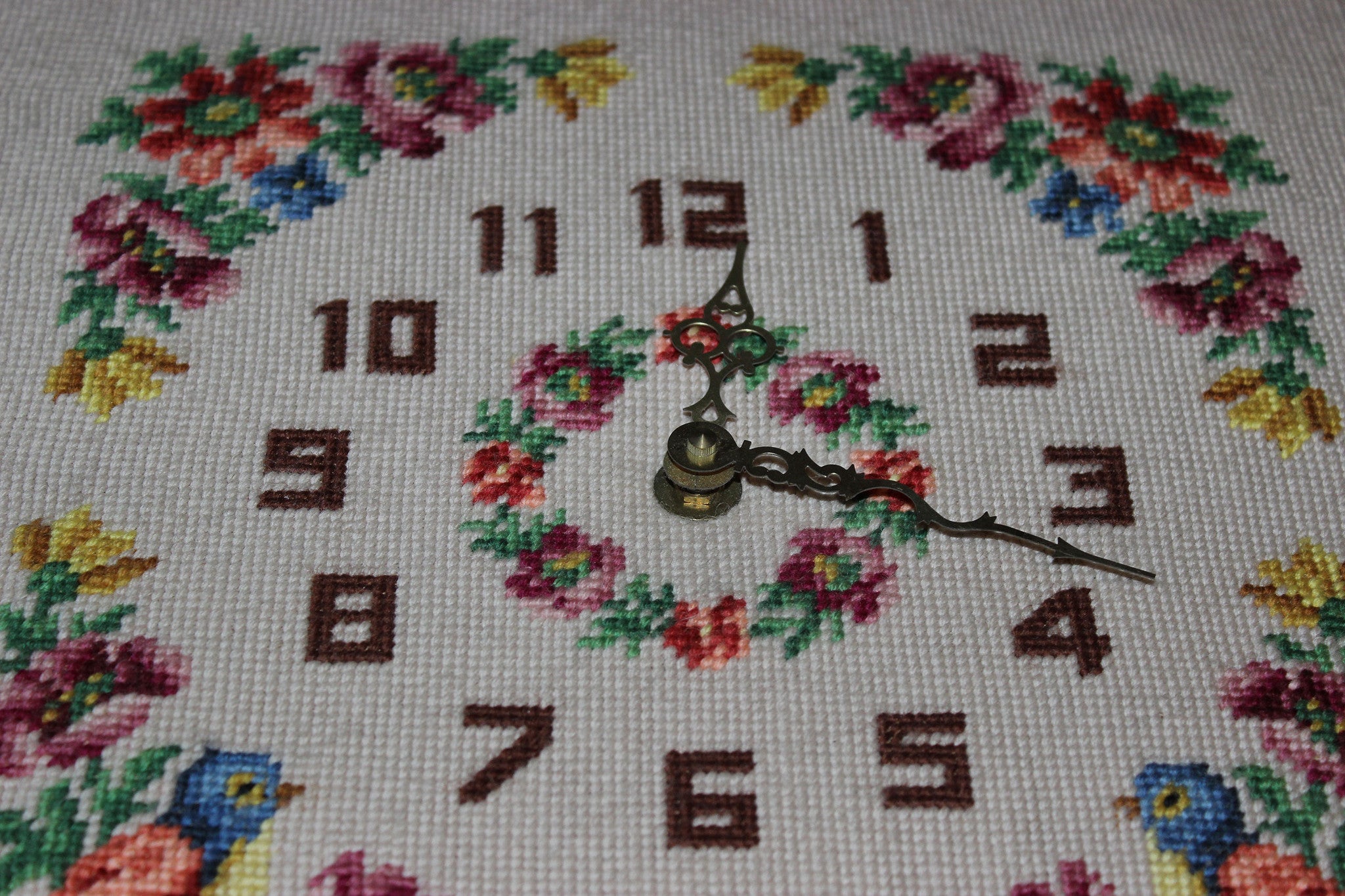 Vintage Needlepoint Floral Clock with Oak Frame