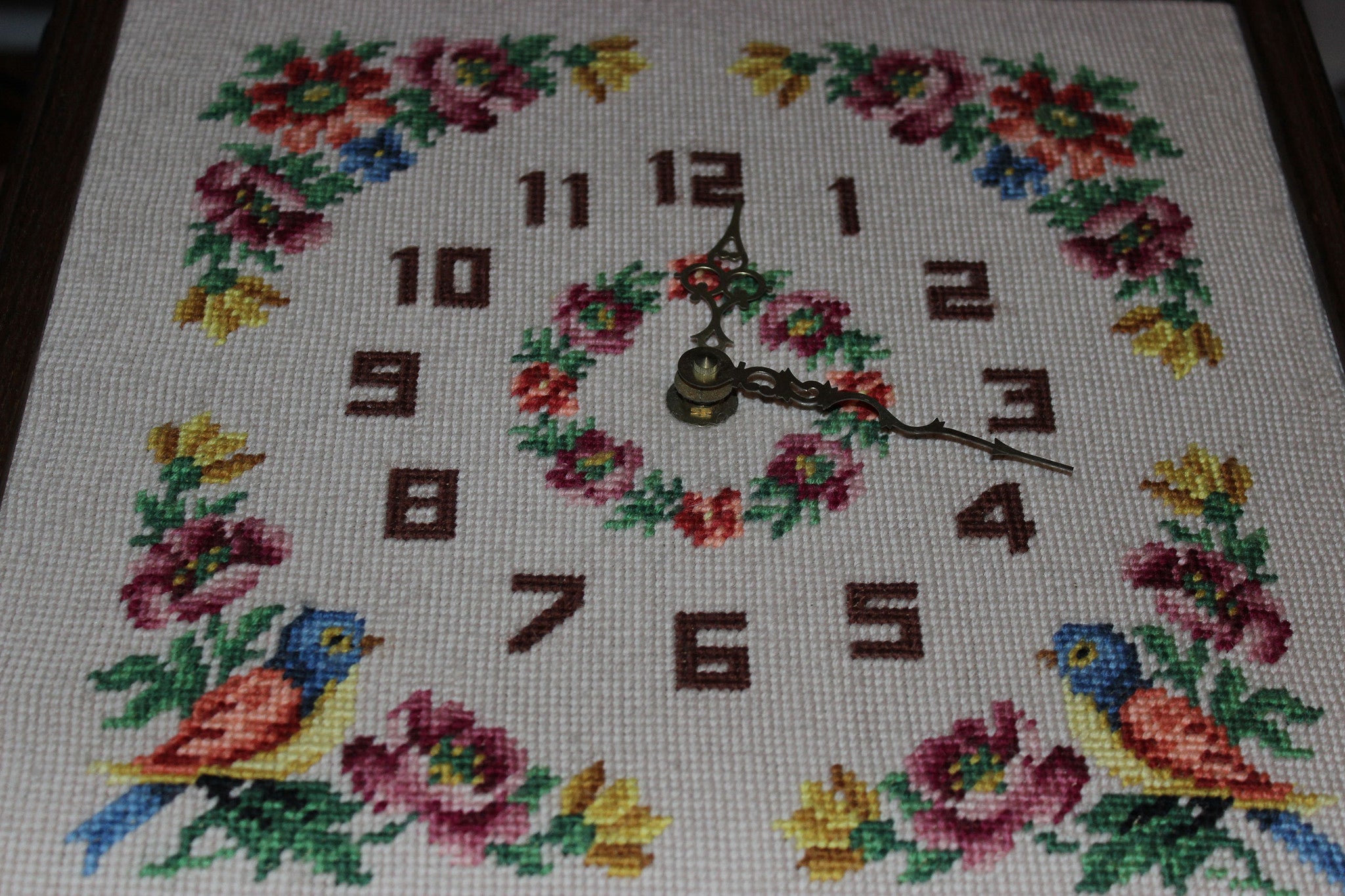 Vintage Needlepoint Floral Clock with Oak Frame