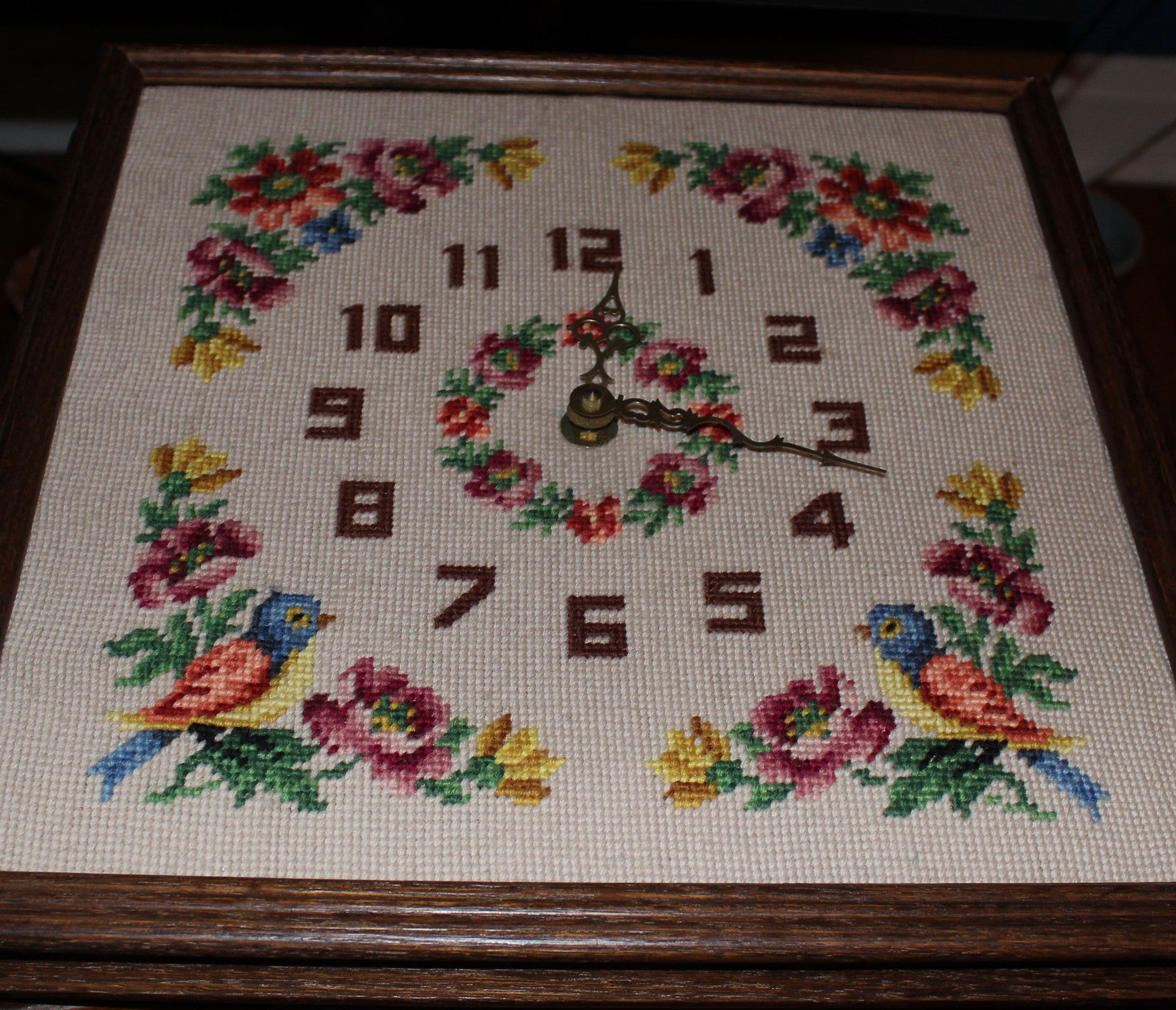 Vintage Needlepoint Floral Clock with Oak Frame