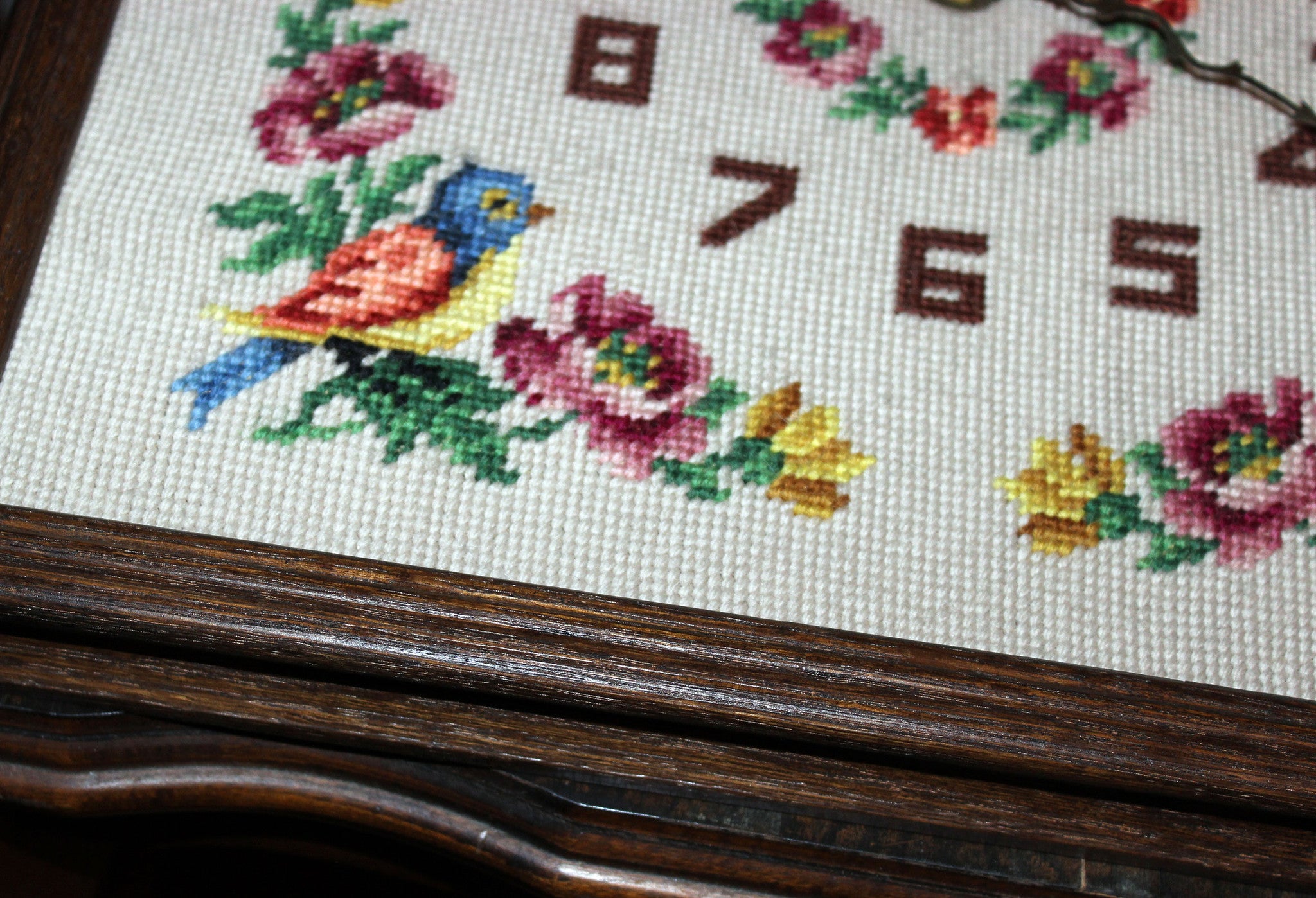 Vintage Needlepoint Floral Clock with Oak Frame