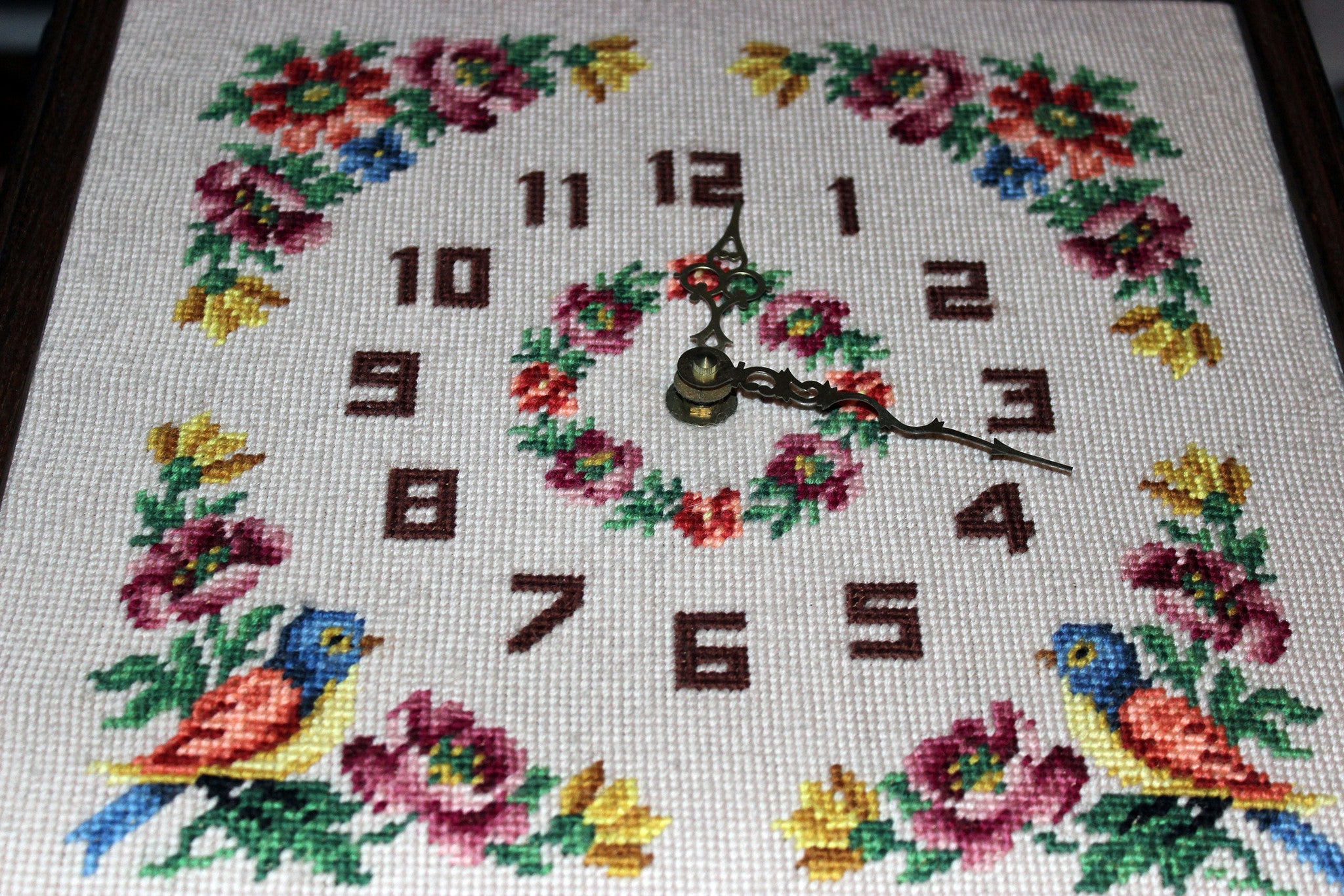 Vintage Needlepoint Floral Clock with Oak Frame