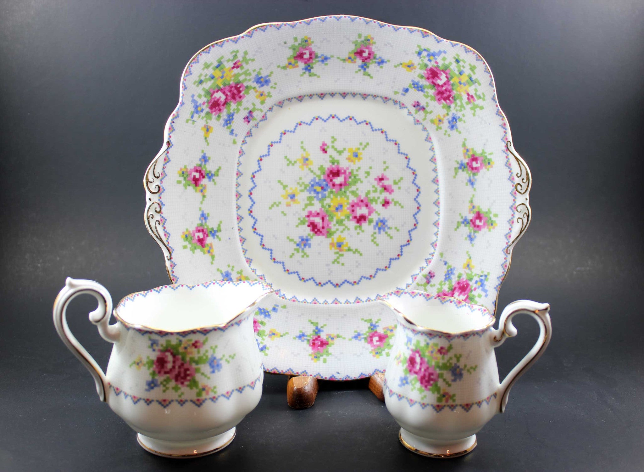 Royal Albert Petit Point China - Cake Plate & Creamers