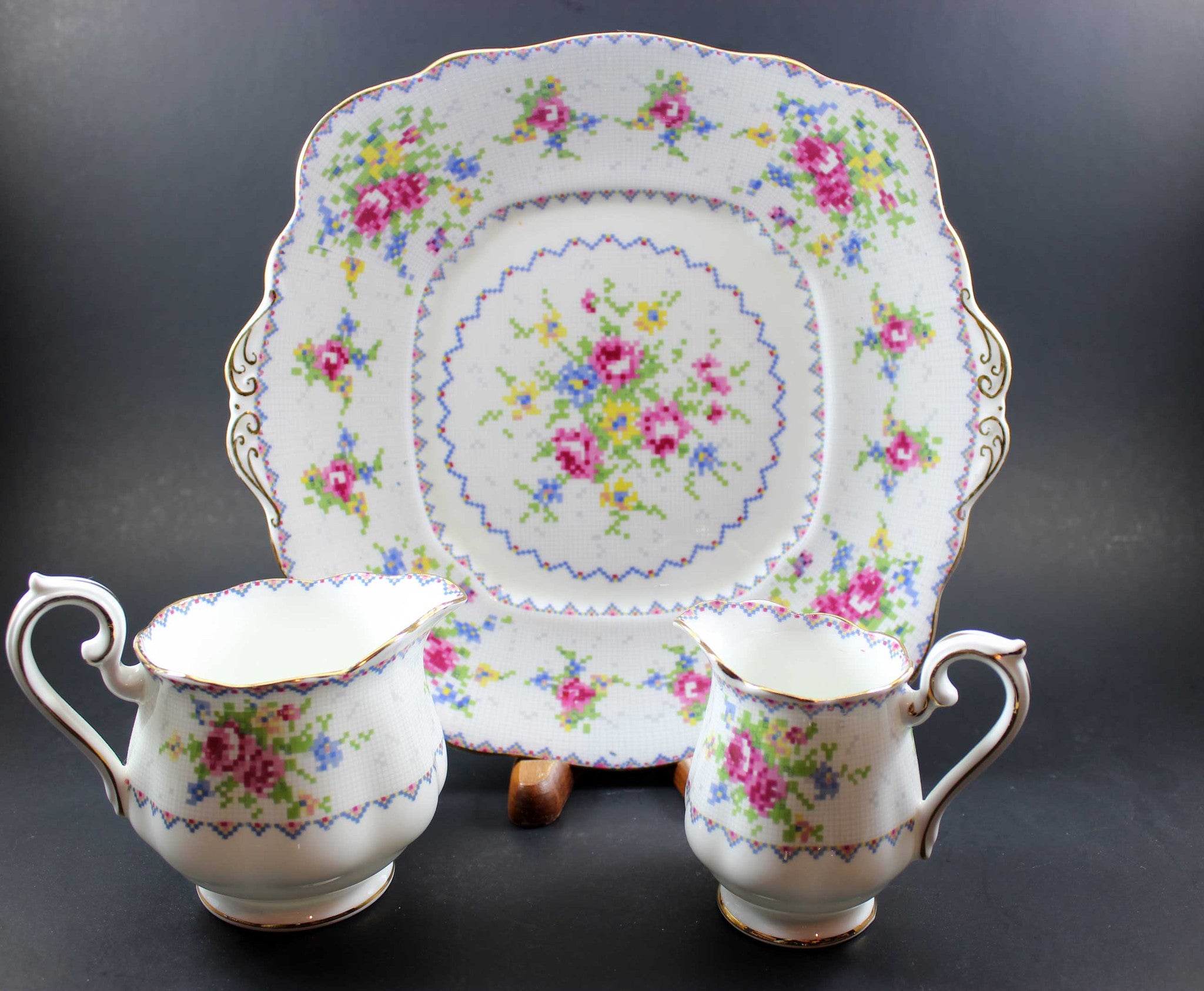 Royal Albert Petit Point China - Cake Plate & Creamers