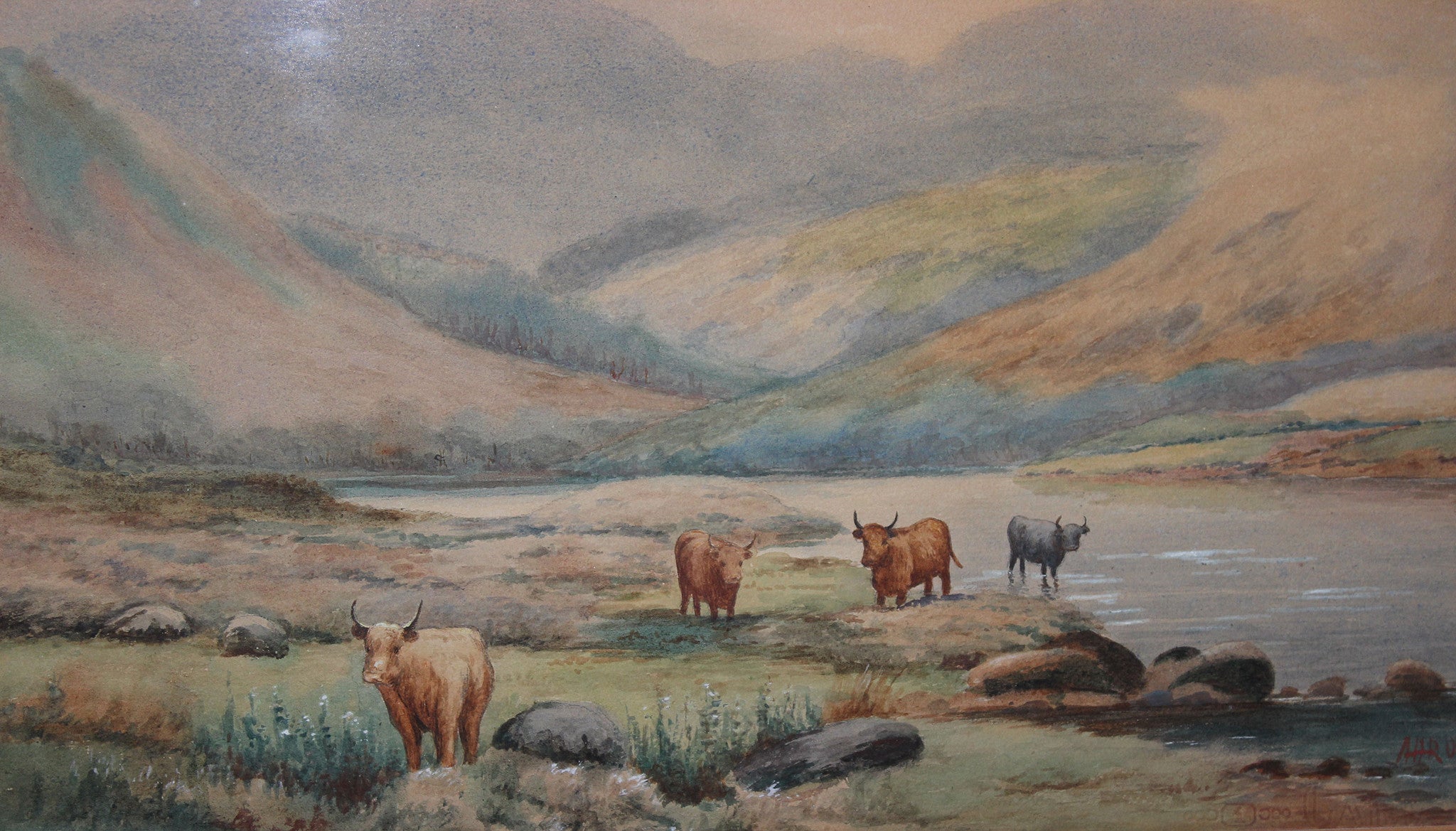 Original Watercolour - Scottish Highlands Landscape with Highland Cattle