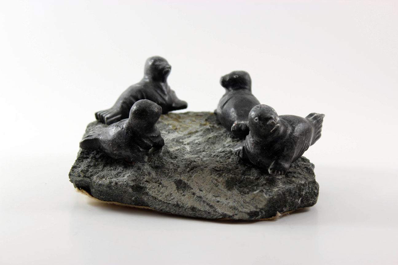 Inuit Soapstone Sculpture-Four Seals on Rock