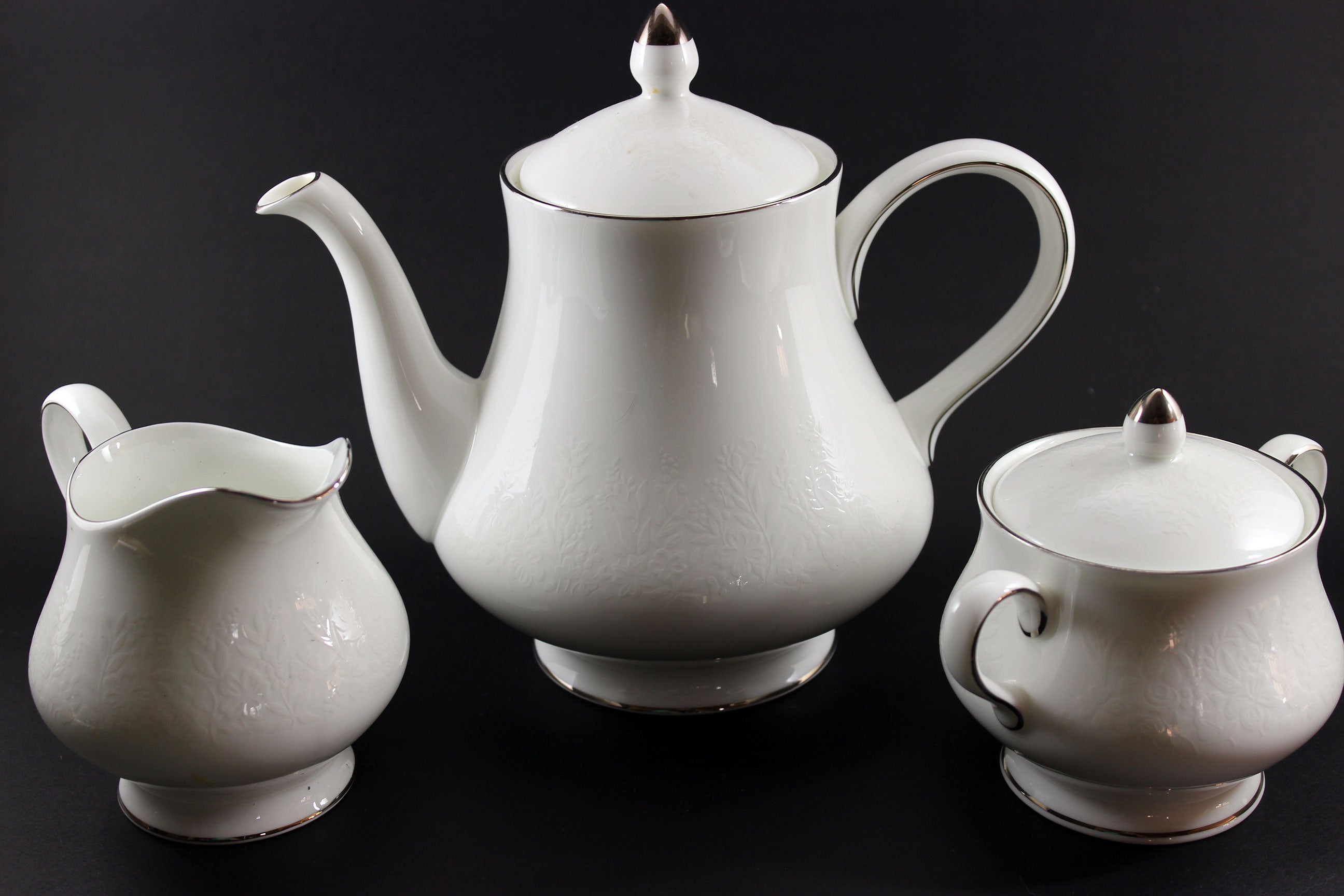 Wedgwood Silver Ermine Bone China, Teapot, Cream and Sugar