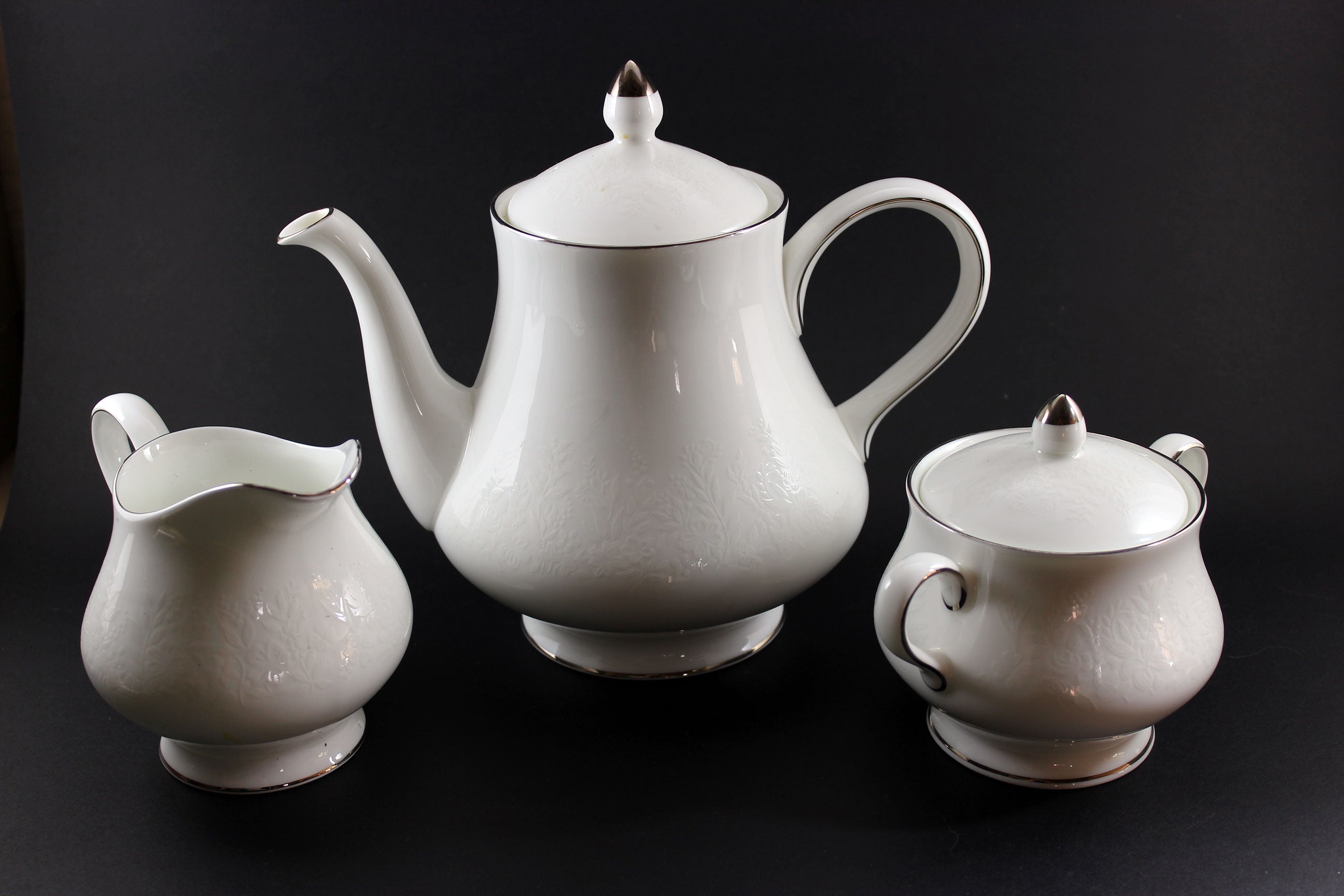 Wedgwood Silver Ermine Bone China, Teapot, Cream and Sugar