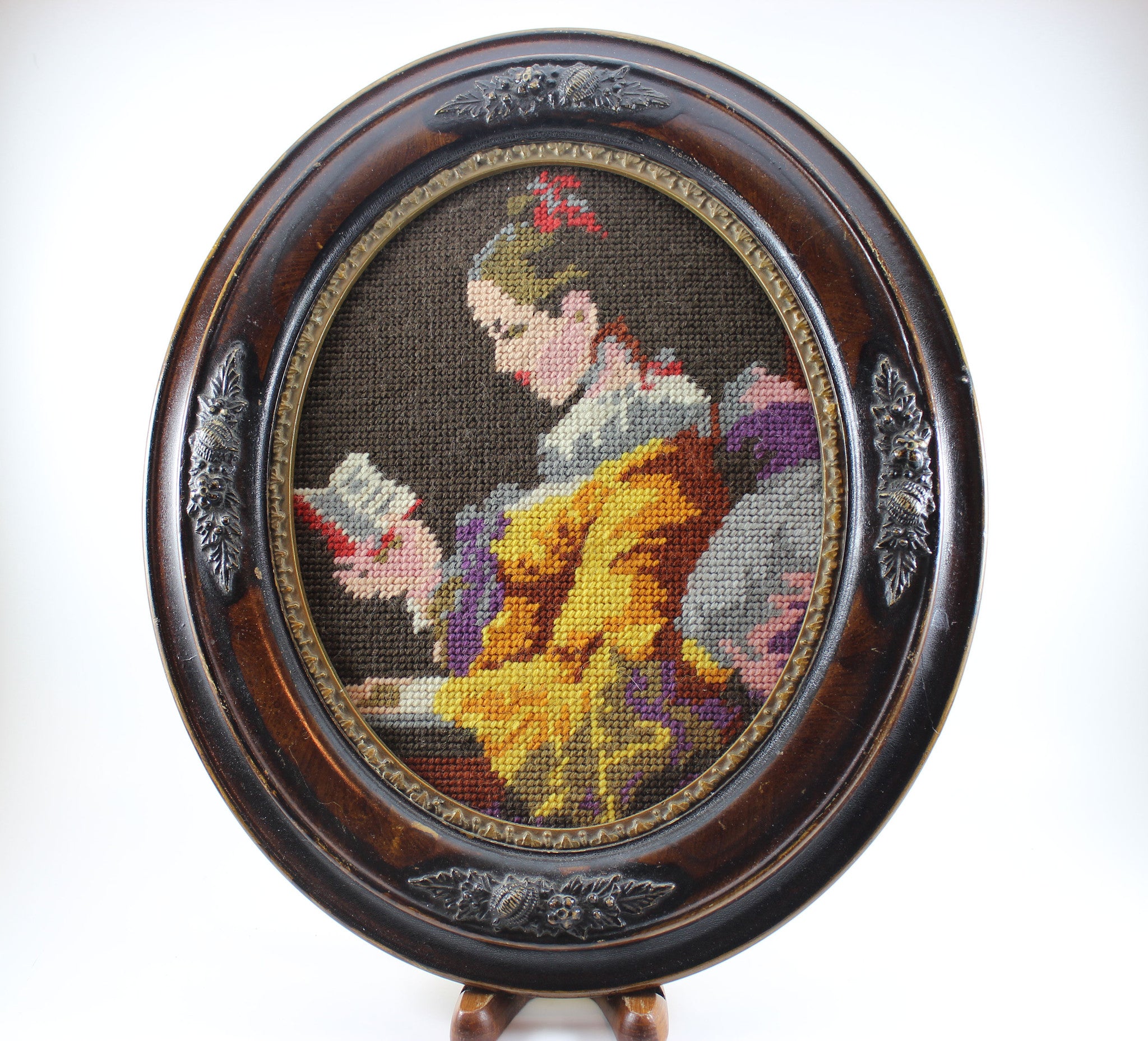 Antique Oval Frame with Needlepoint Portrait