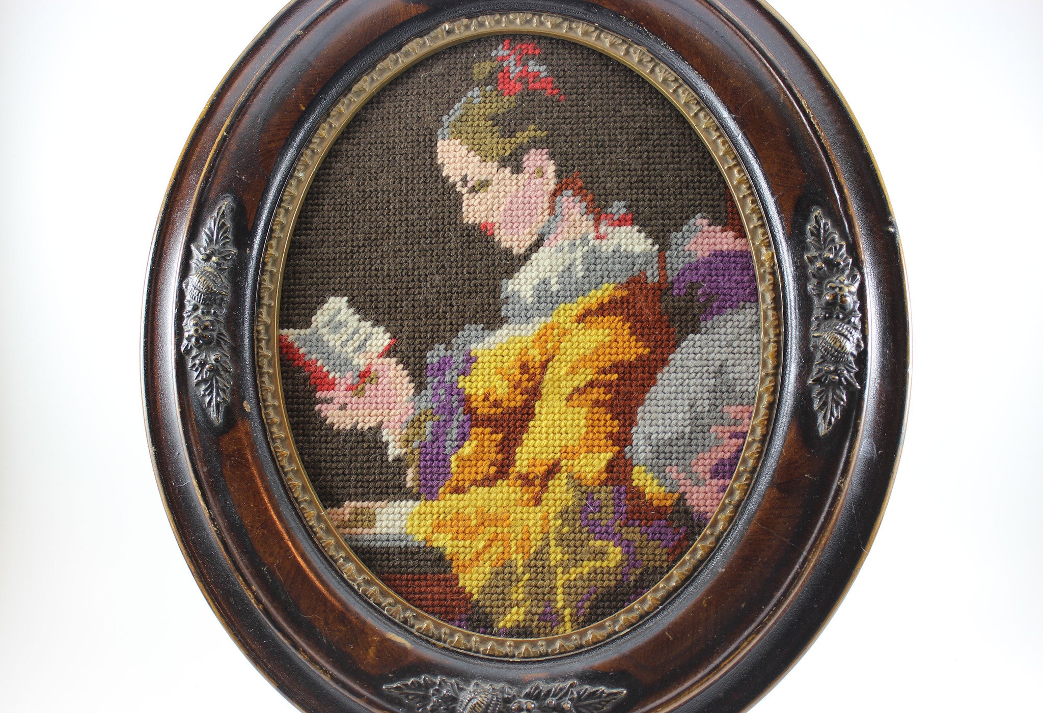 Antique Oval Frame with Needlepoint Portrait