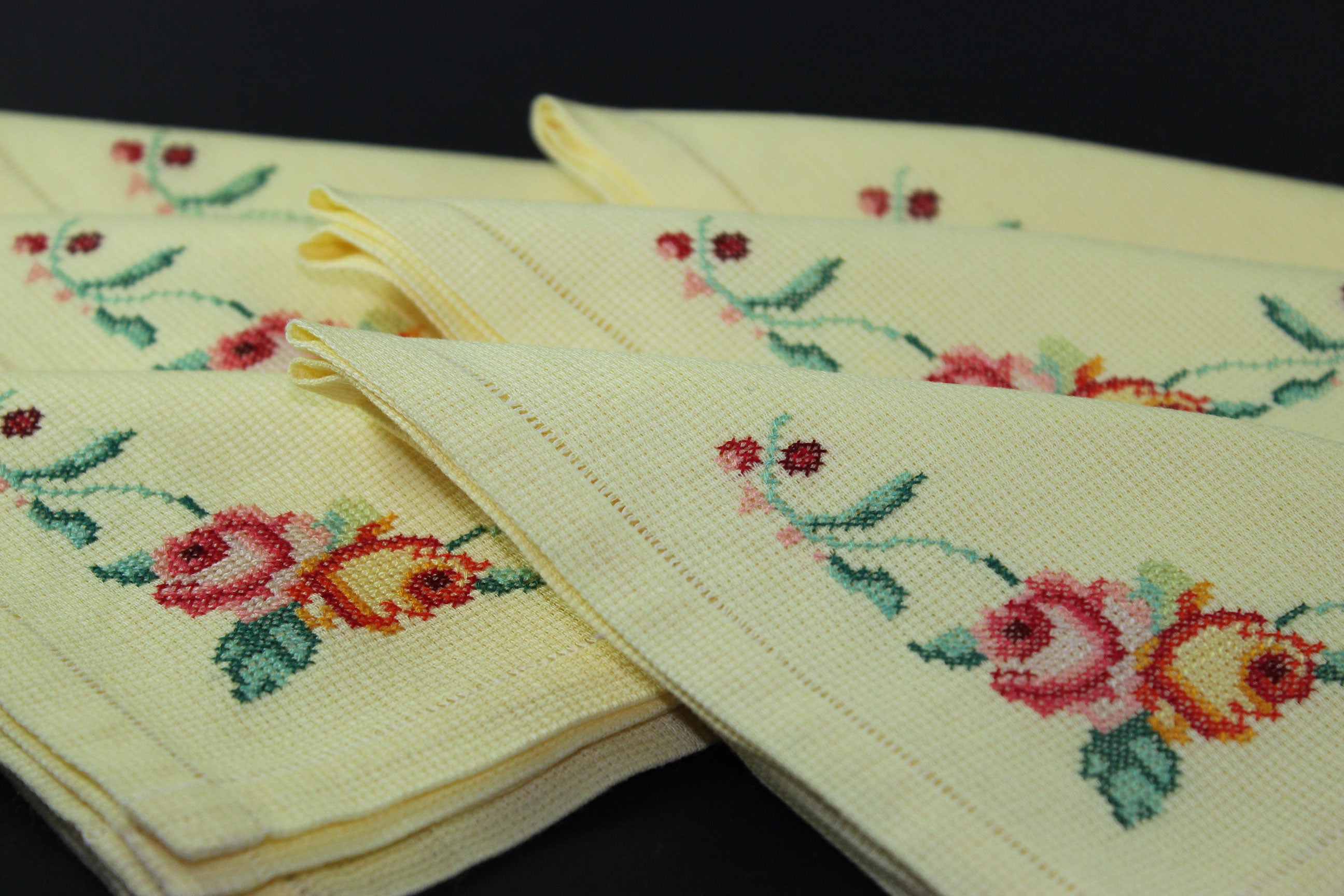 Yellow Linen Cross Stitched Napkins