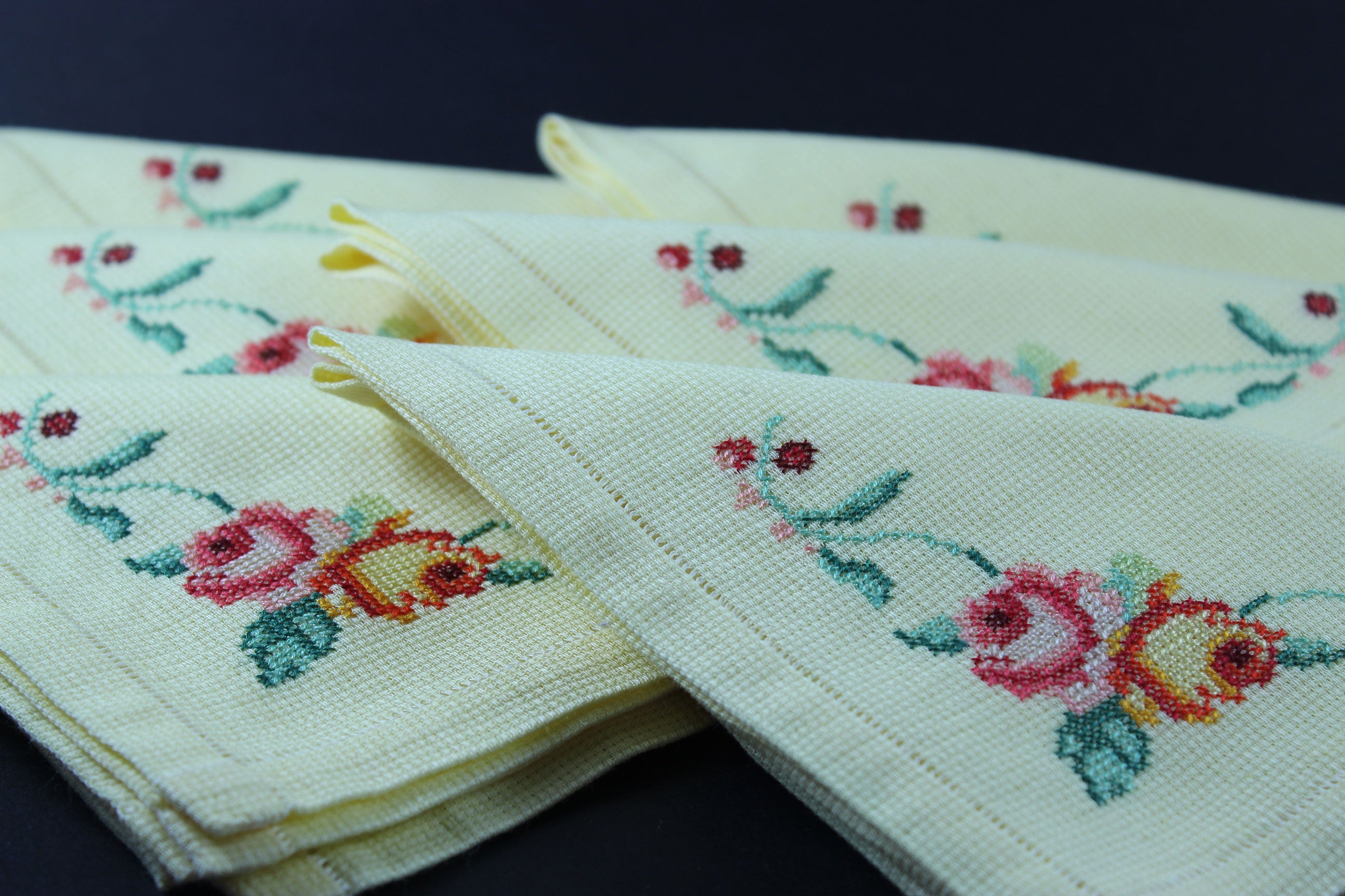 Yellow Linen Cross Stitched Napkins