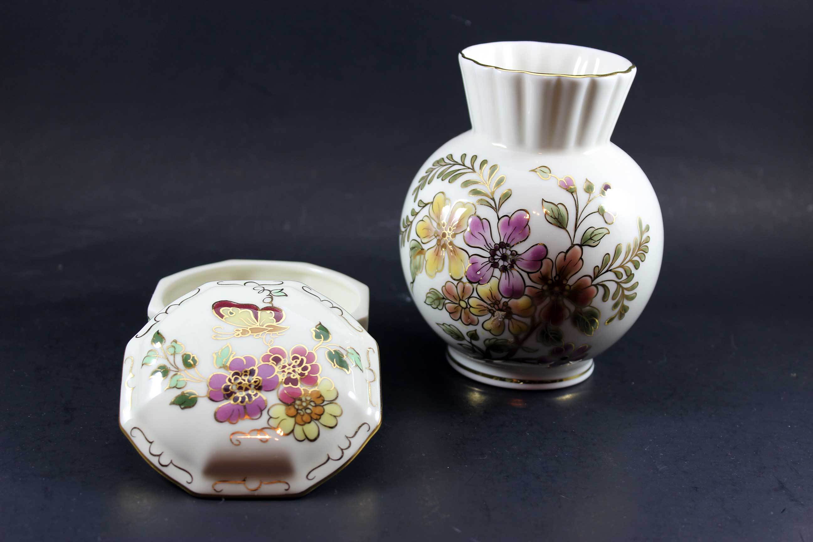 Zsolnay Porcelain, Hand Painted Vases and Trinket Box