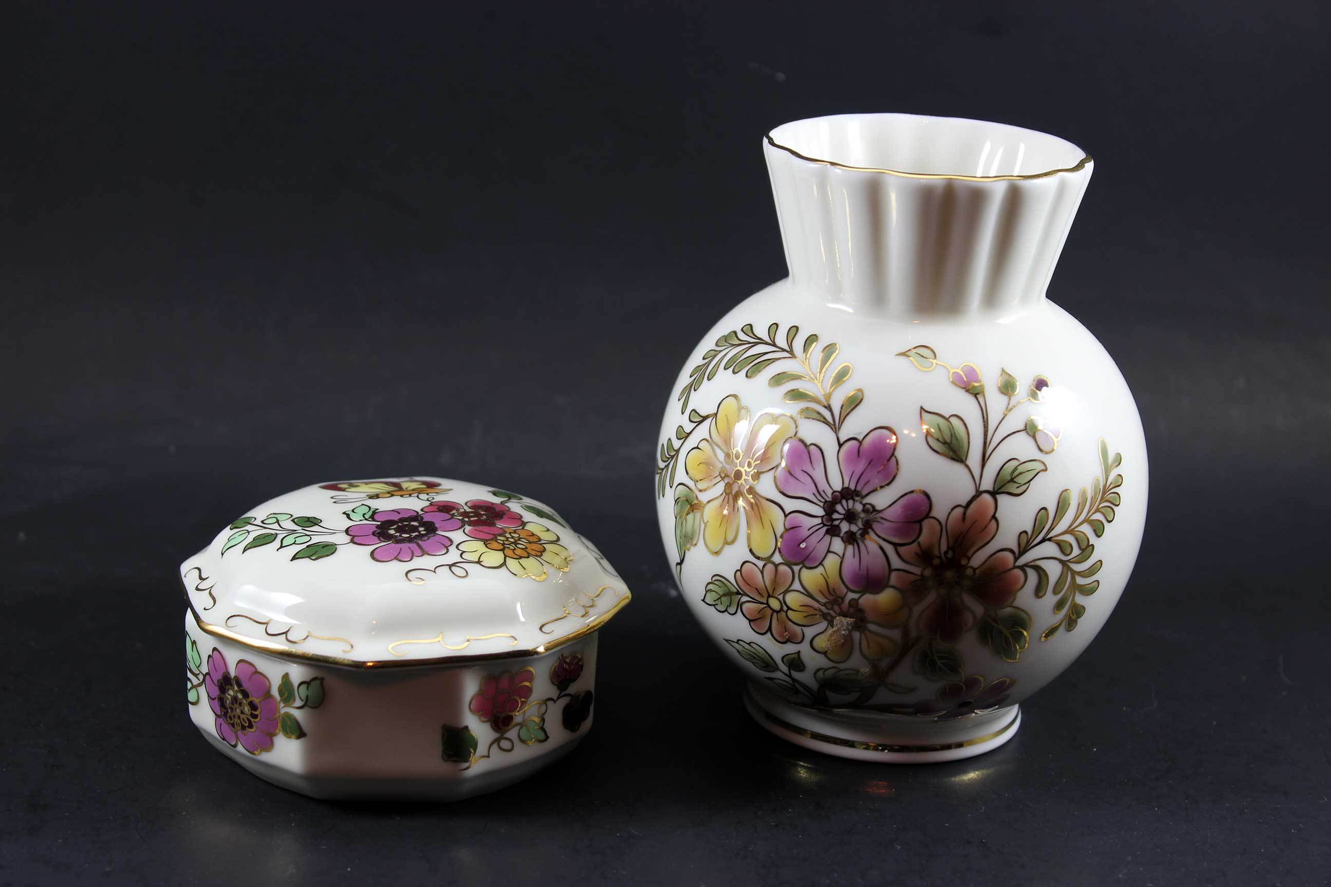 Zsolnay Porcelain, Hand Painted Vases and Trinket Box