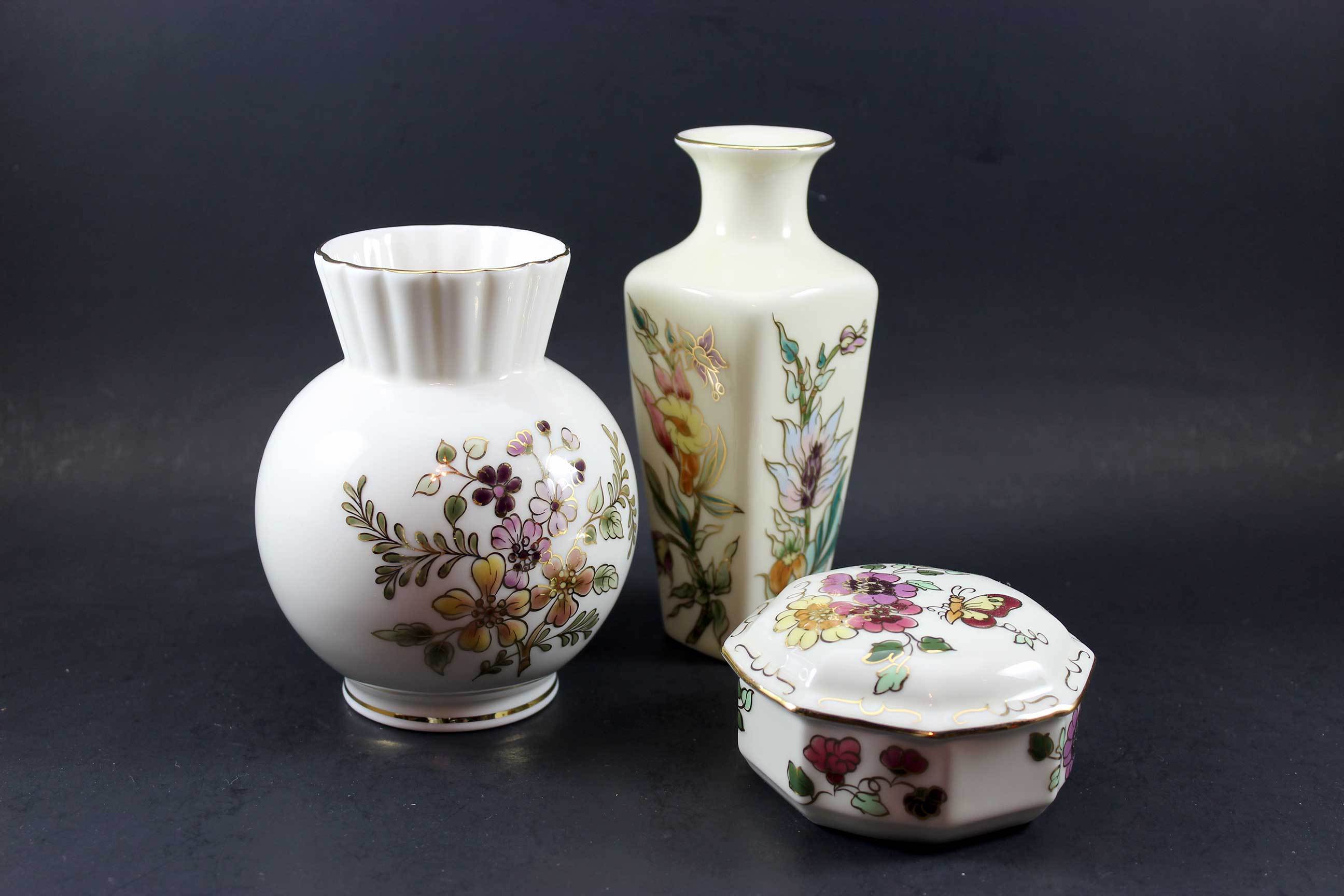 Zsolnay Porcelain, Hand Painted Vases and Trinket Box
