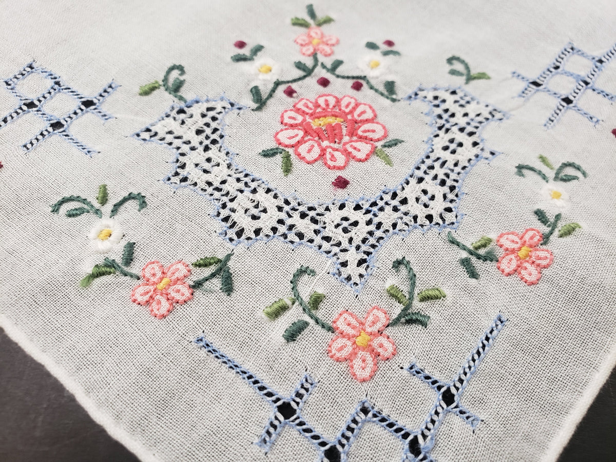 Linen and Floral Embroidered Handkerchief