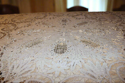 Close-up of intricate lace fabric with floral patterns.