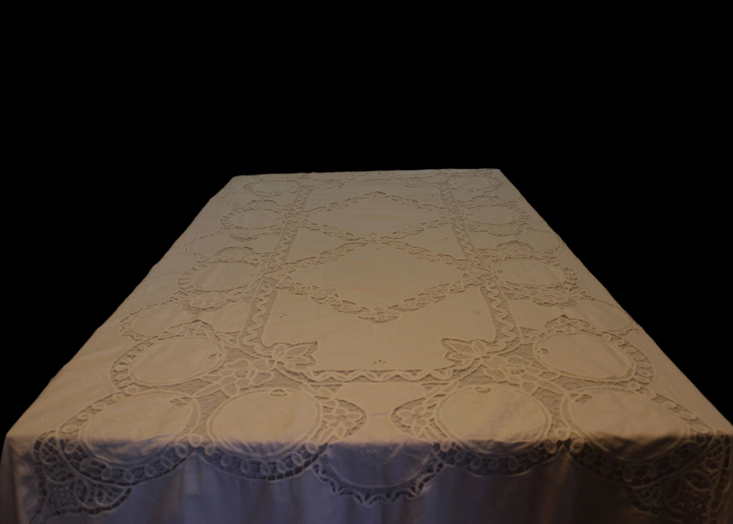 Vintage Hand Stitched Linen and Battenberg Lace Tablecloth