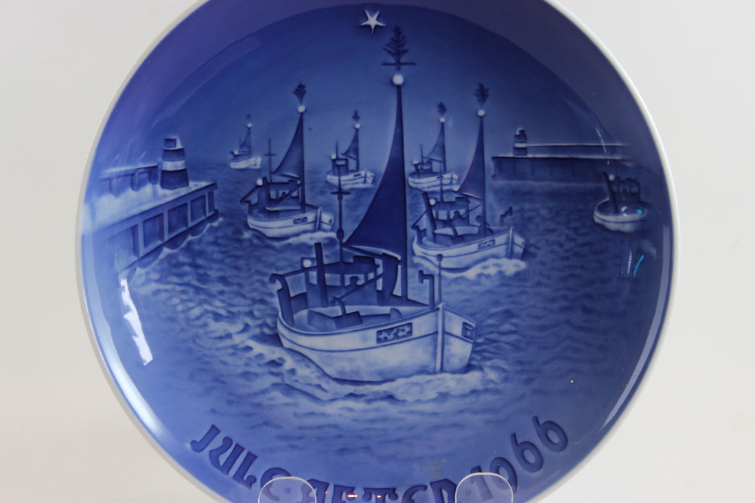 1966 Bing and Grondahl Blue and White Christmas Plate with sailboats in the harbour.