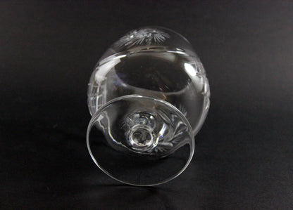 Clear glass goblet with engraved design on a black background
