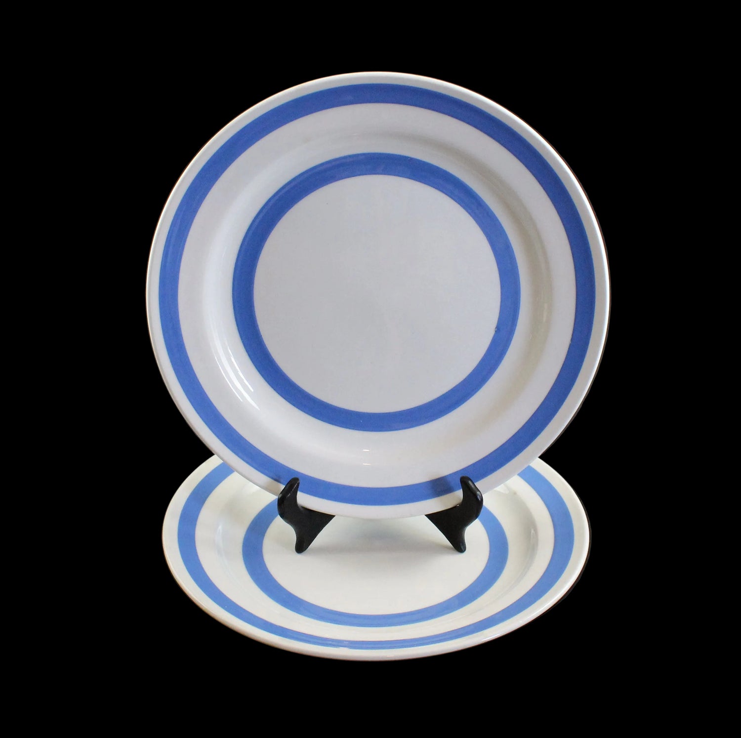 White plate with blue stripes on a black stand against a dark background