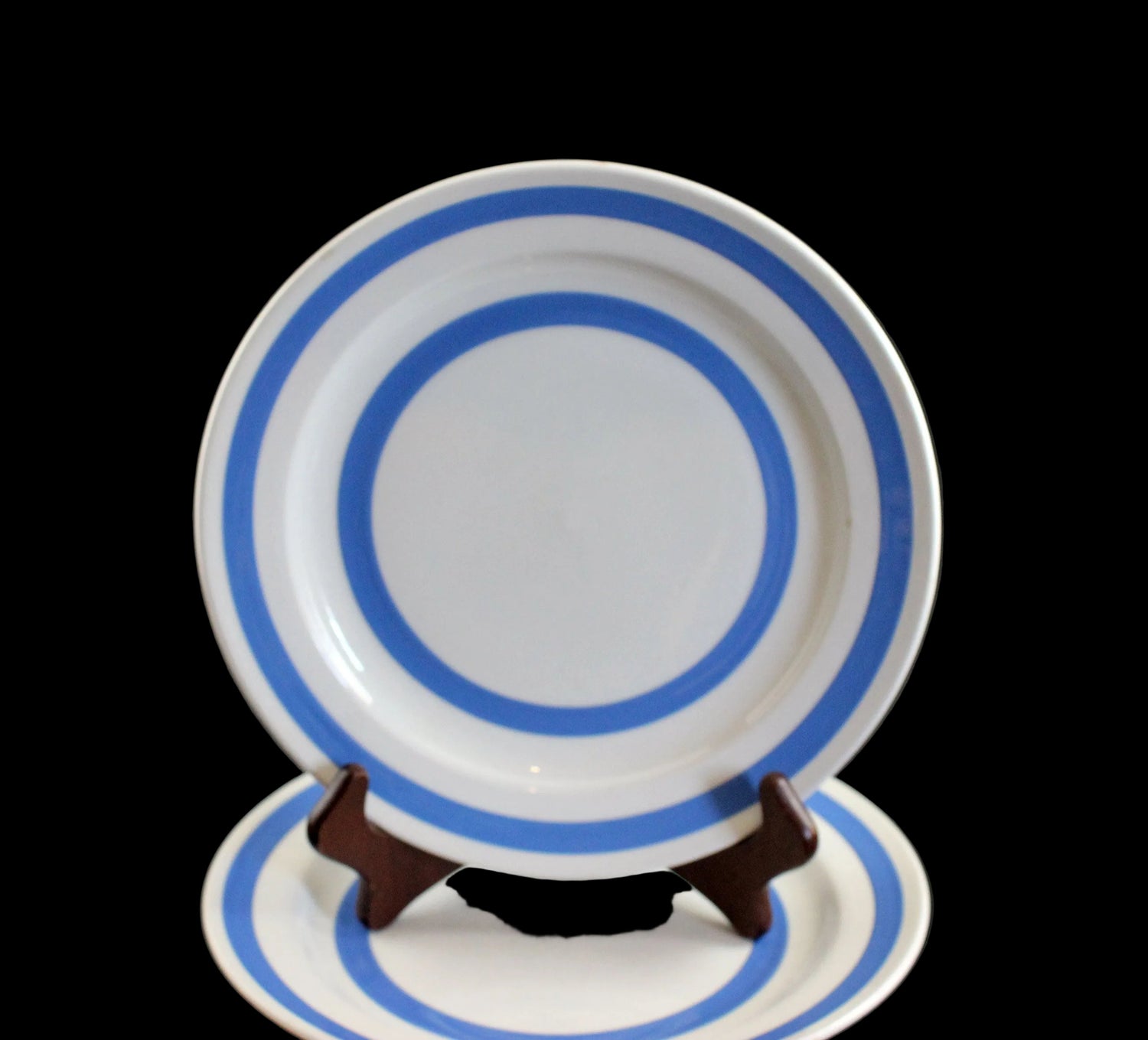 White plate with blue stripes on a black background