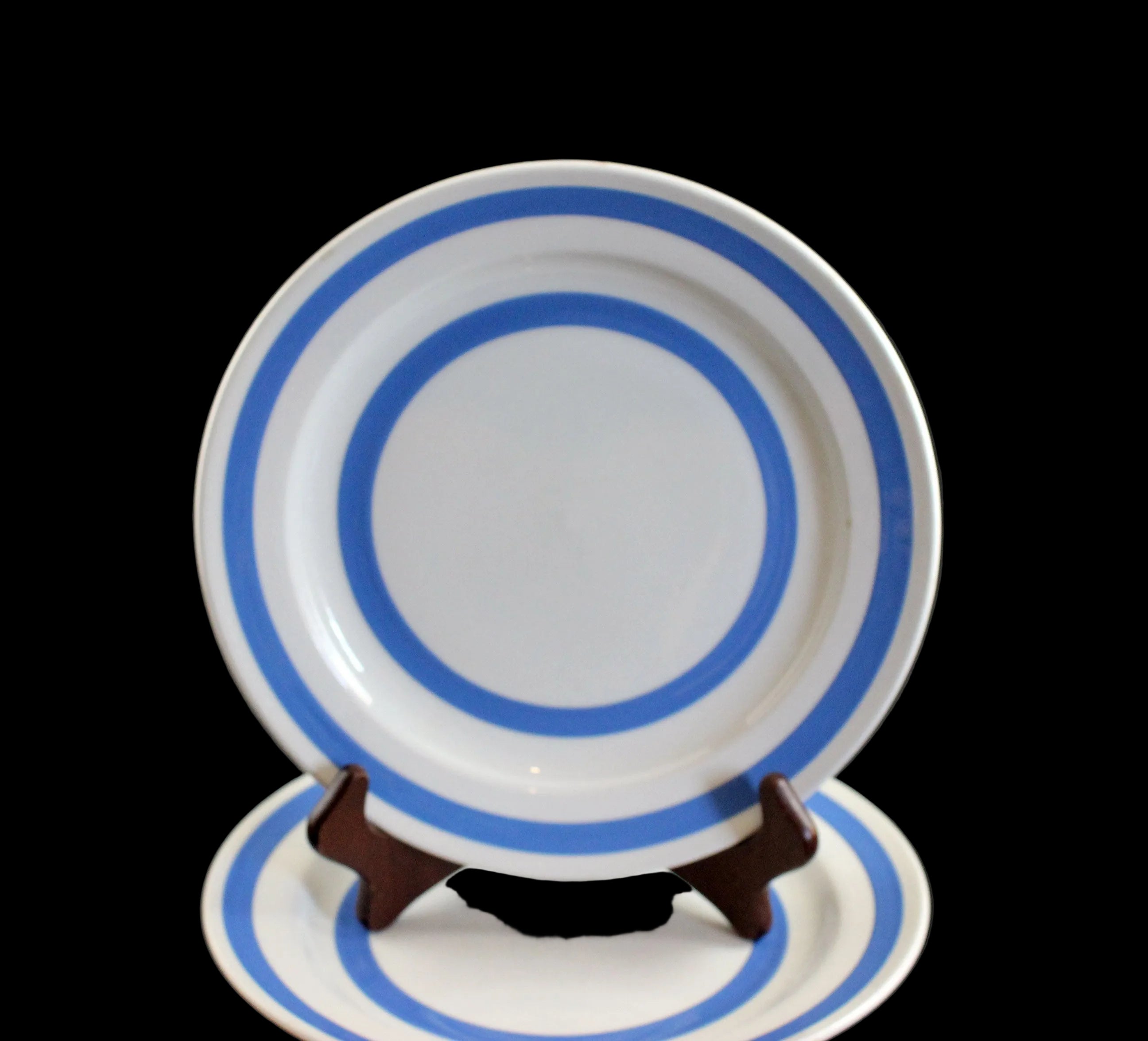White plate with blue stripes on a black background