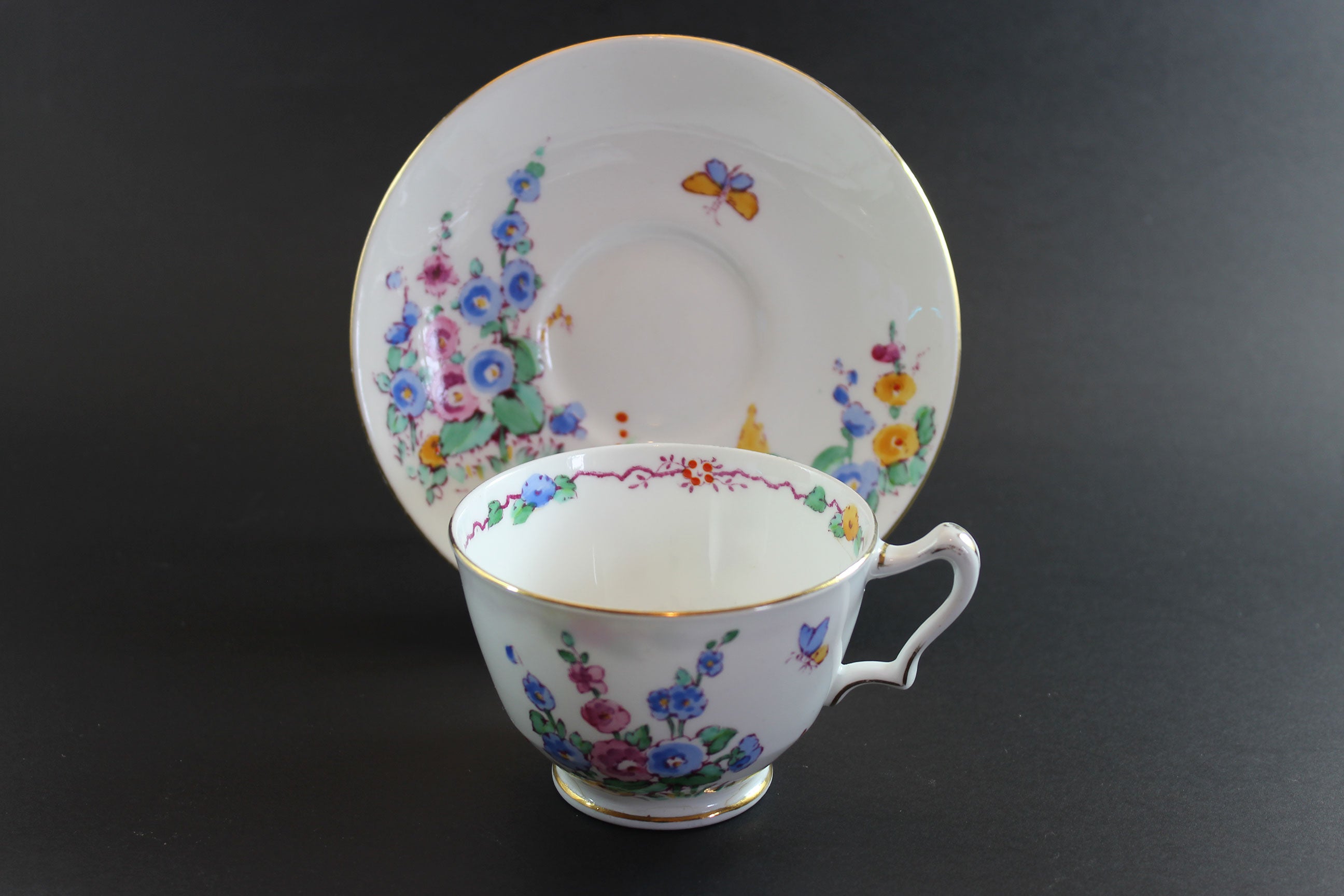 Crown Staffordshire, Hollyhock Teacup Trios