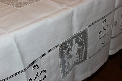 Linen tablecloth with fine lace inserts, pulled and drawn thread border