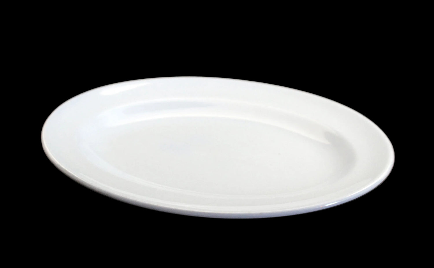 A light blue ceramic oval serving platter with a glossy finish, shown on a dark brown background.